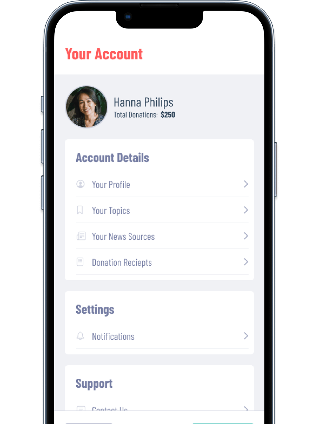 Screenshot from a smartphone from the Fundrage app of the users Account page