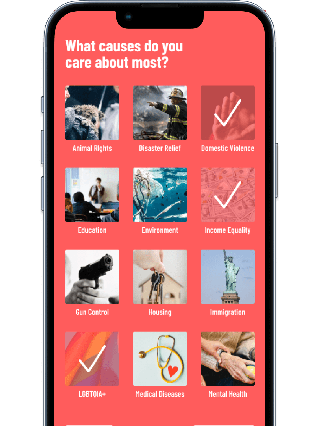 Screenshot image of a smartphone showing a screen from the Fundrage app where users and select a topic to donate to