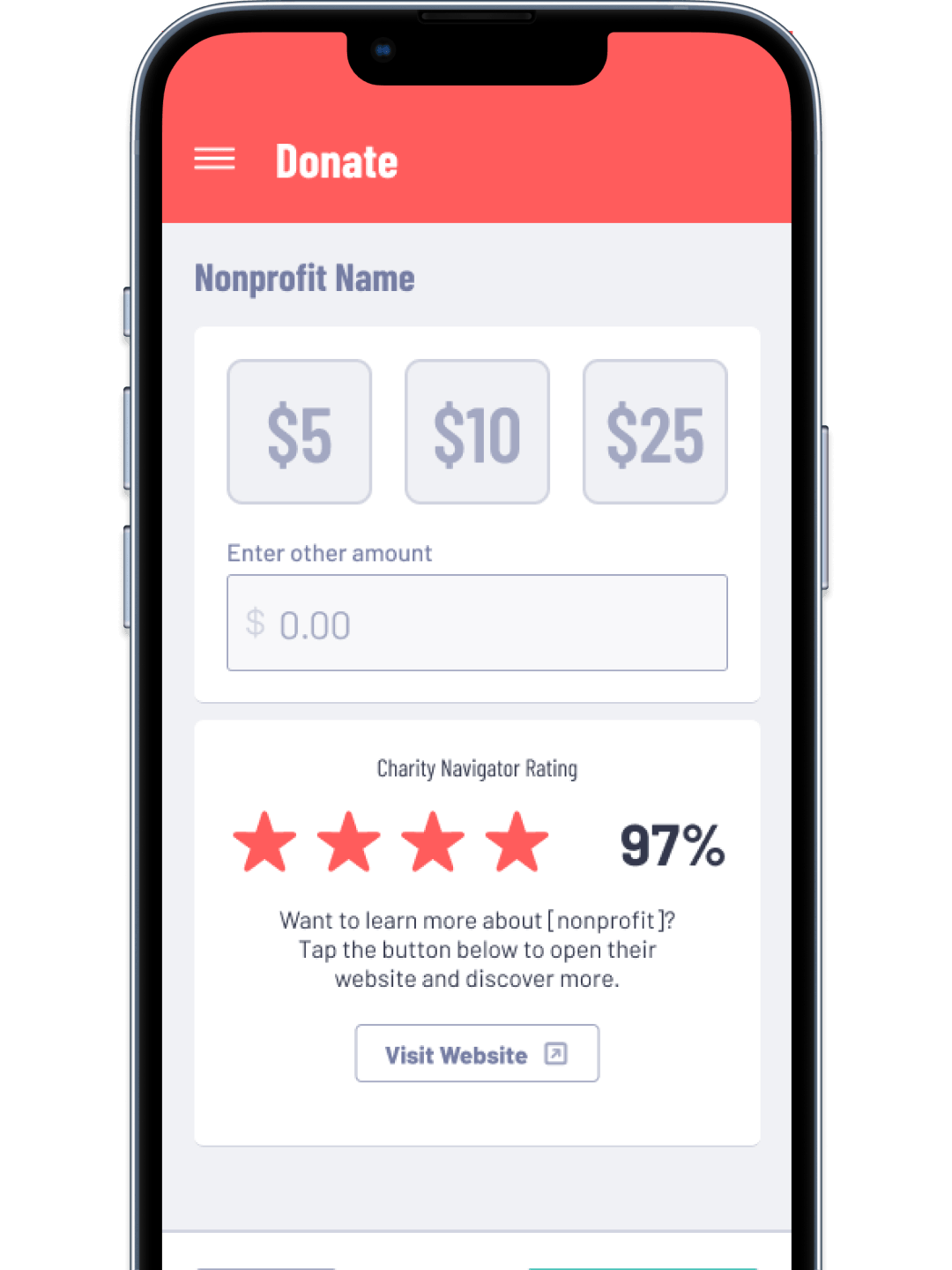 Screenshot of a smartphone showing the Donation screen from the Fundrage app