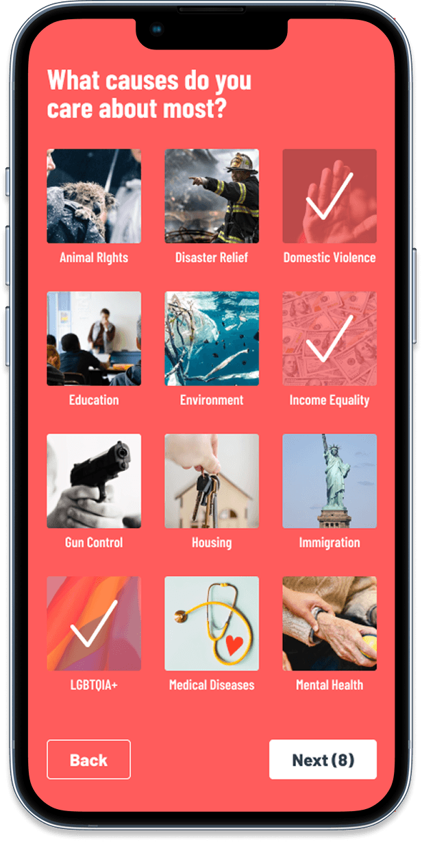Screenshot image of a smartphone showing a screen from the Fundrage app where users and select a topic to donate to