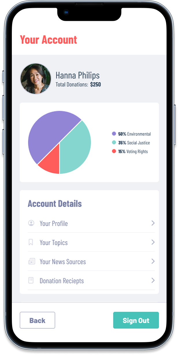Screenshot from a smartphone from the Fundrage app of the users Account page