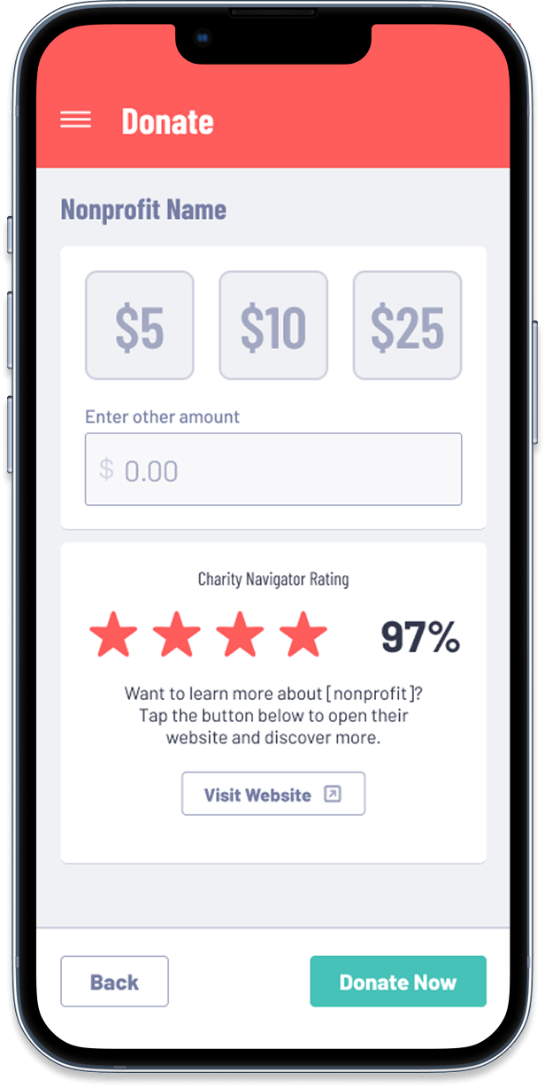 Screenshot of a smartphone showing the Donation screen from the Fundrage app