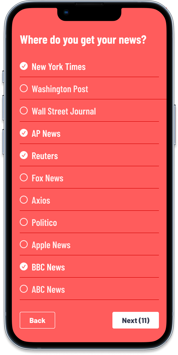 Screenshot image of a smartphone showing a screen from the Fundrage app where users and select a topic to donate to