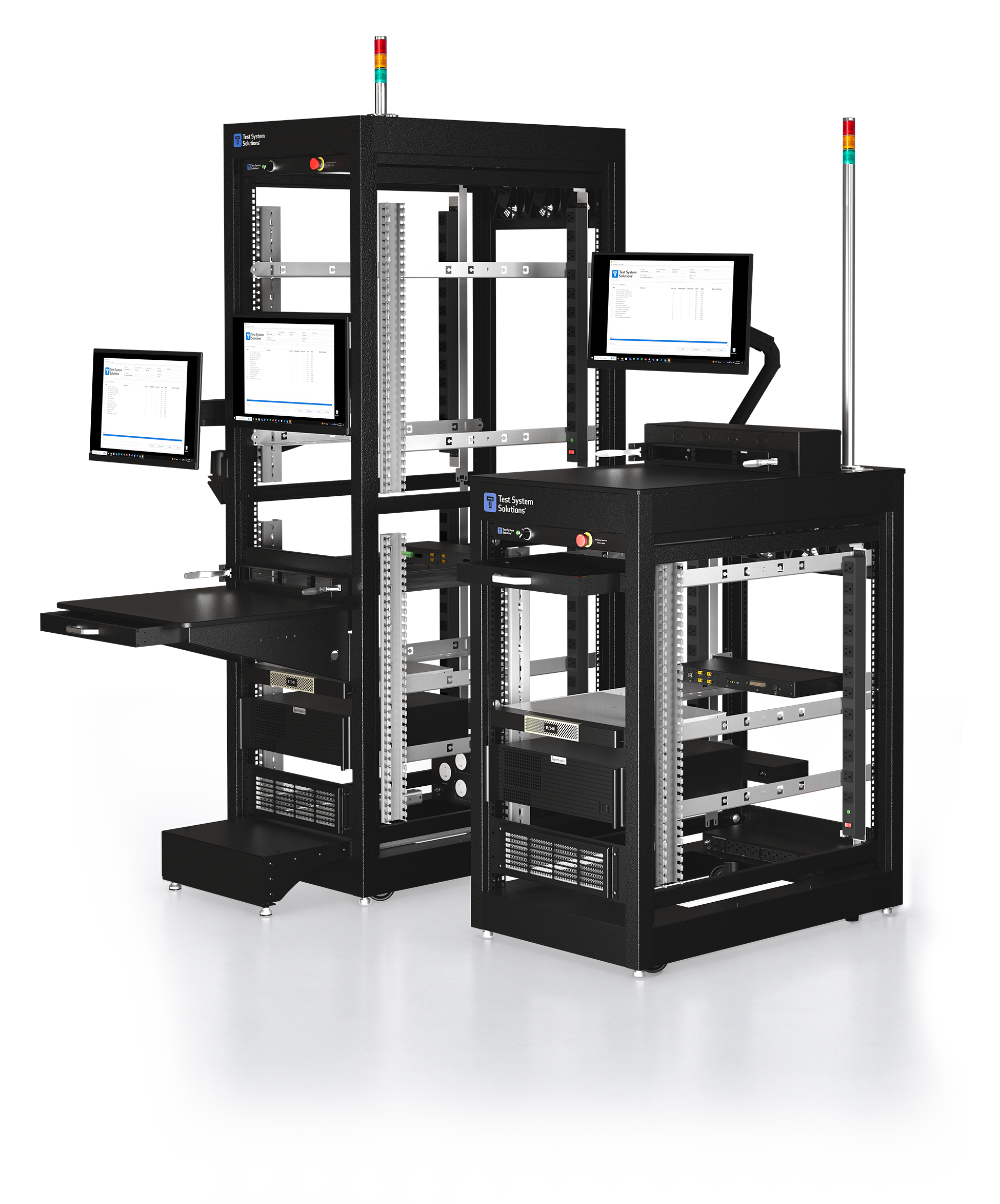 CORE 360 full-height and compact Foundation ATE racks, with monitors and integrated equipment, standing on a reflective floor