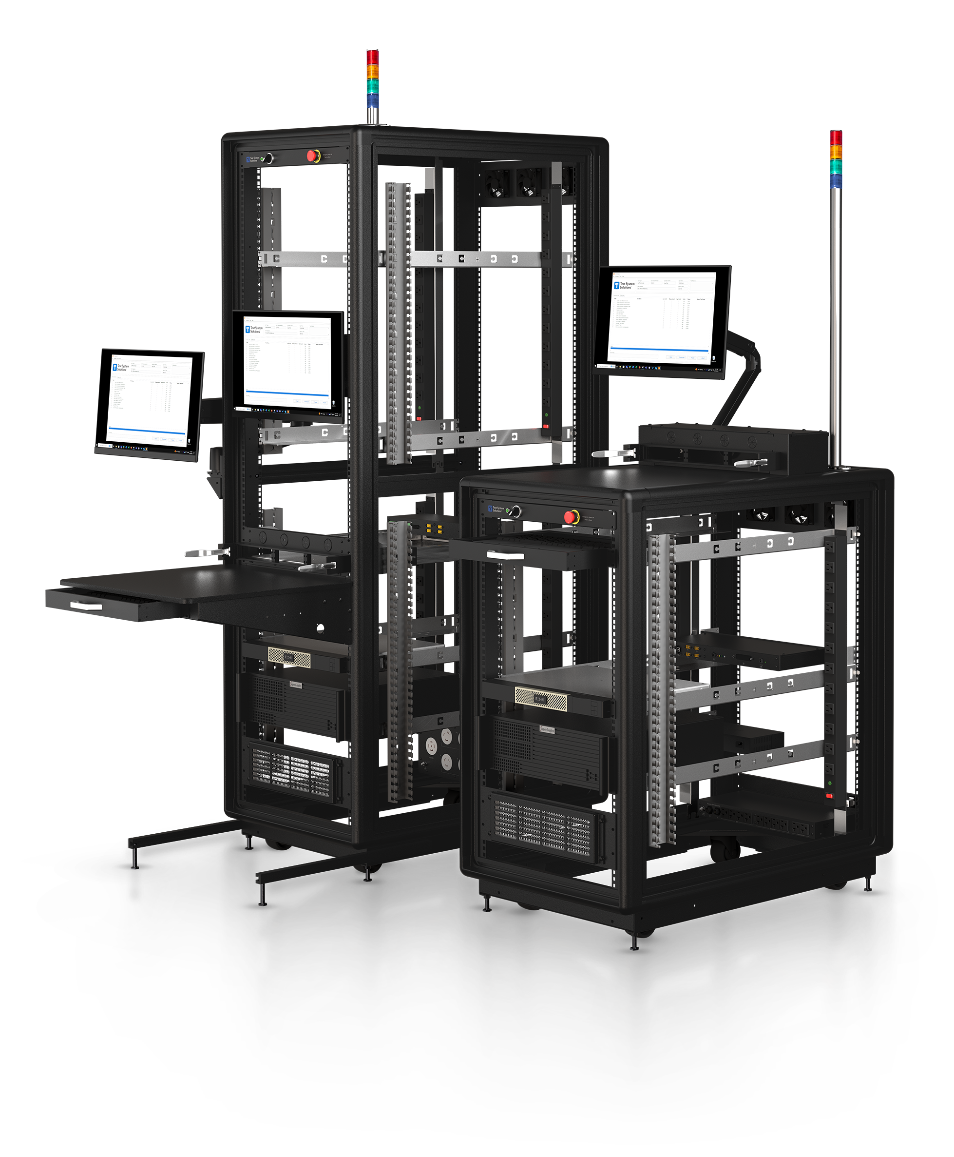 CORE 360 full-height and compact Foundation ATE racks, with monitors and integrated equipment, standing on a reflective floor