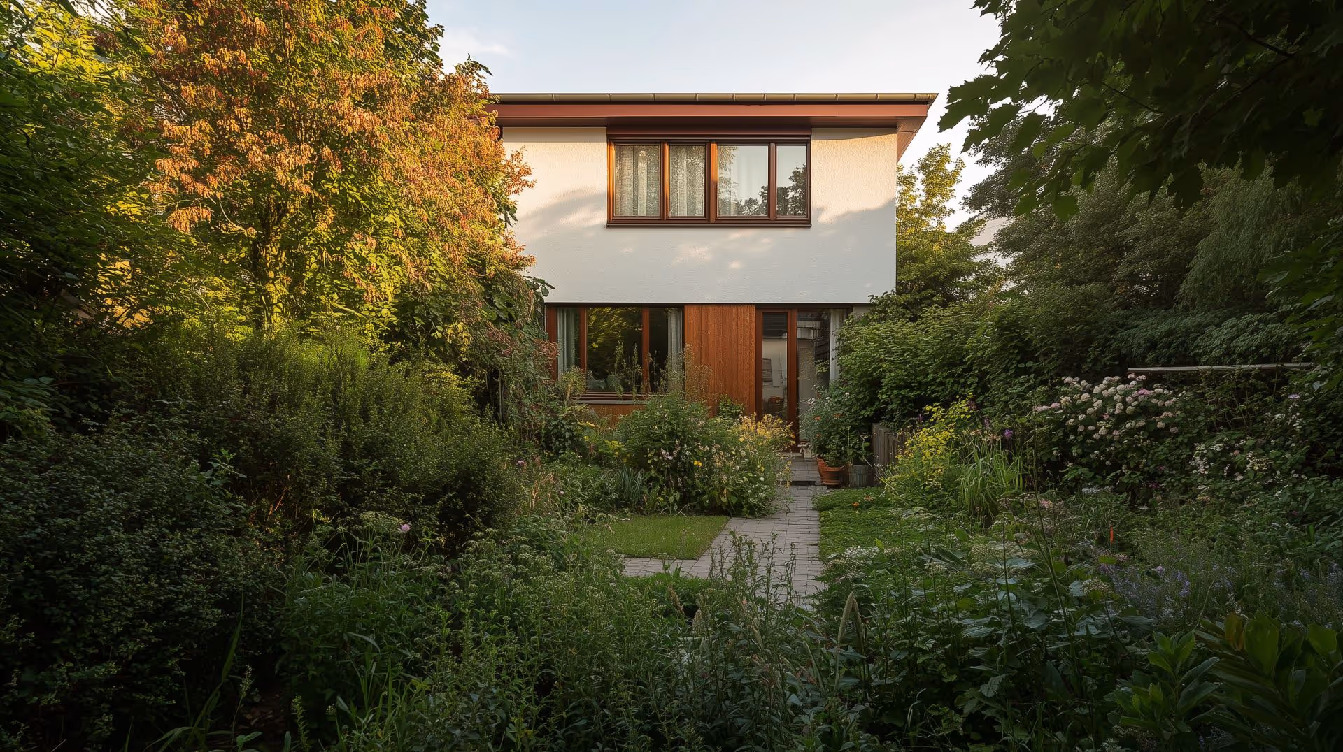 Zweigeschossiges Familienhaus mit weißer Putzfassade, Holzdetails und eingewachsenem Garten – ruhige Wohn­immobilie in Hamburg.