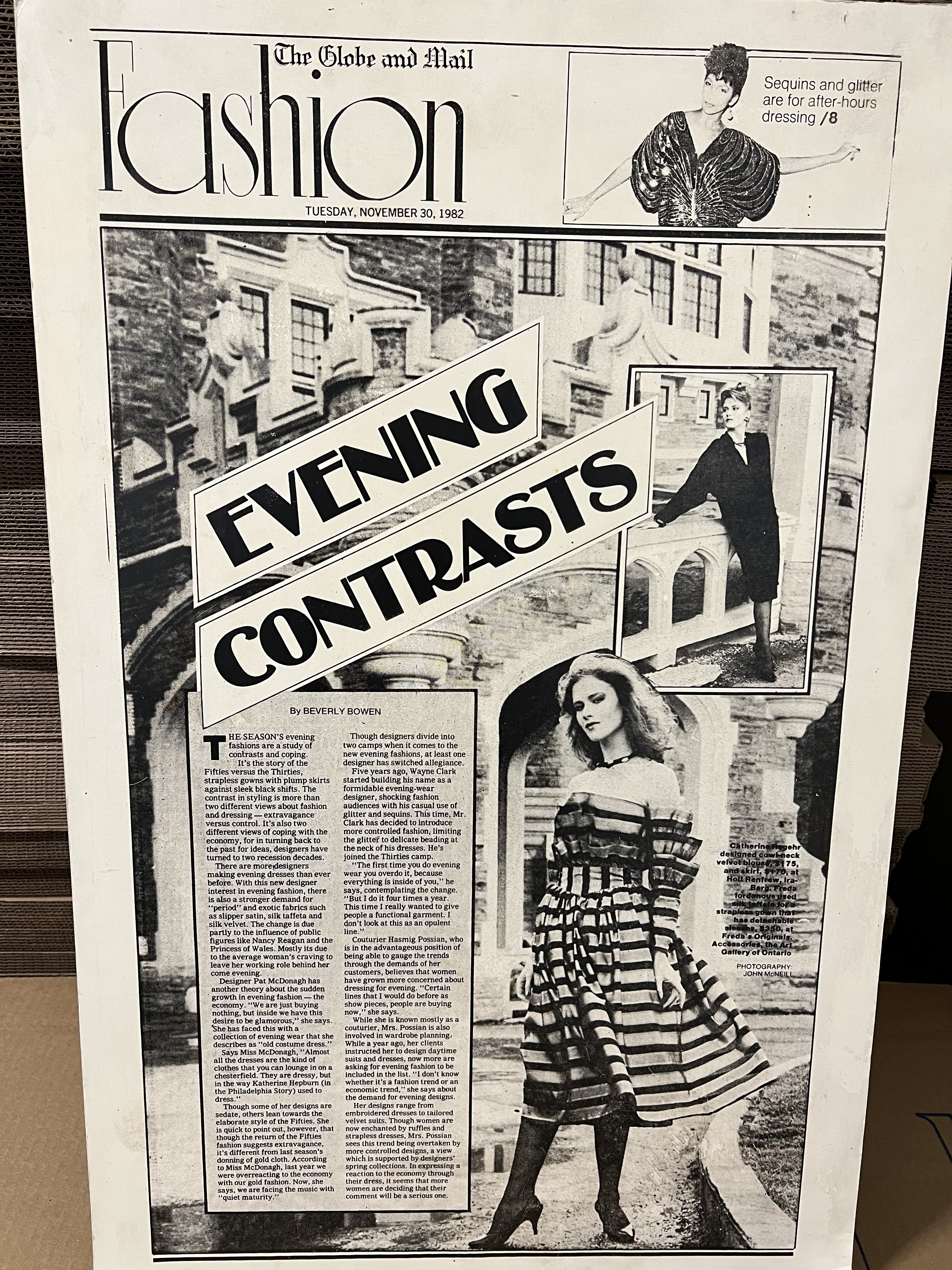 An article from The Globe and Mail with one of Freda's designs, November 30, 1982