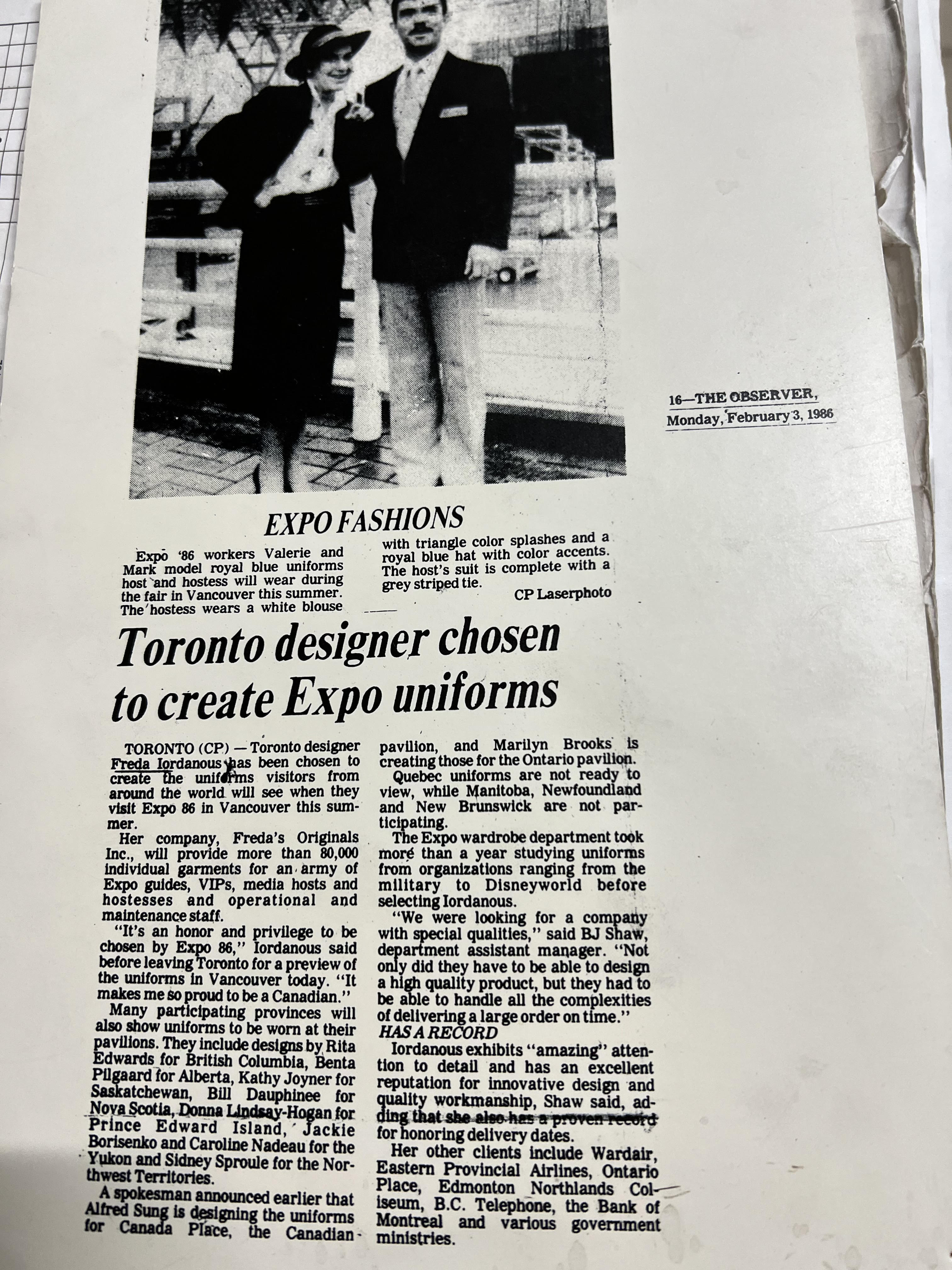 An article from The Observer about Freda's designs for Expo 86, February 3, 1986
