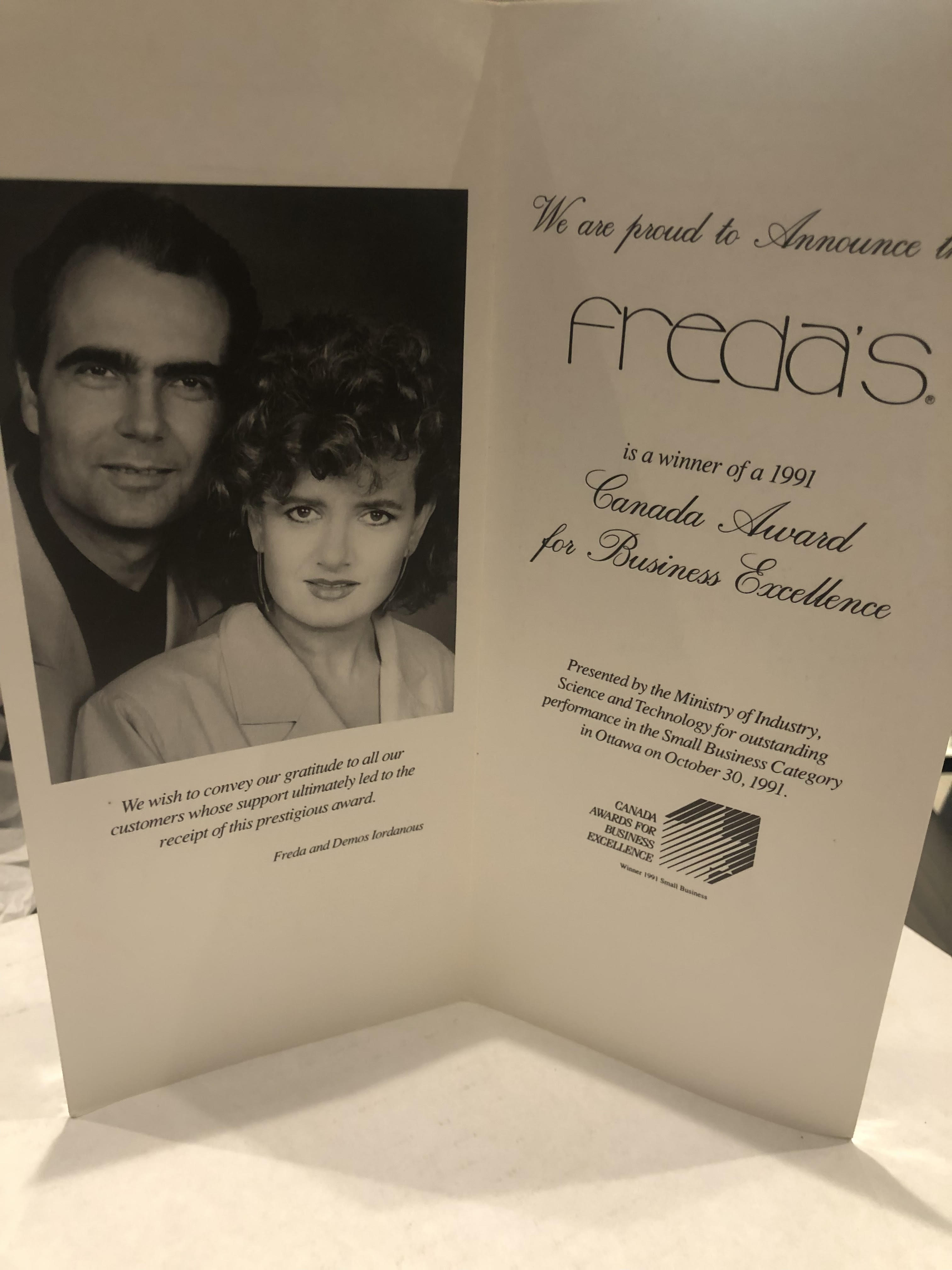 Document announcing Freda's win of the 1991 Canada Award for Business Excellence