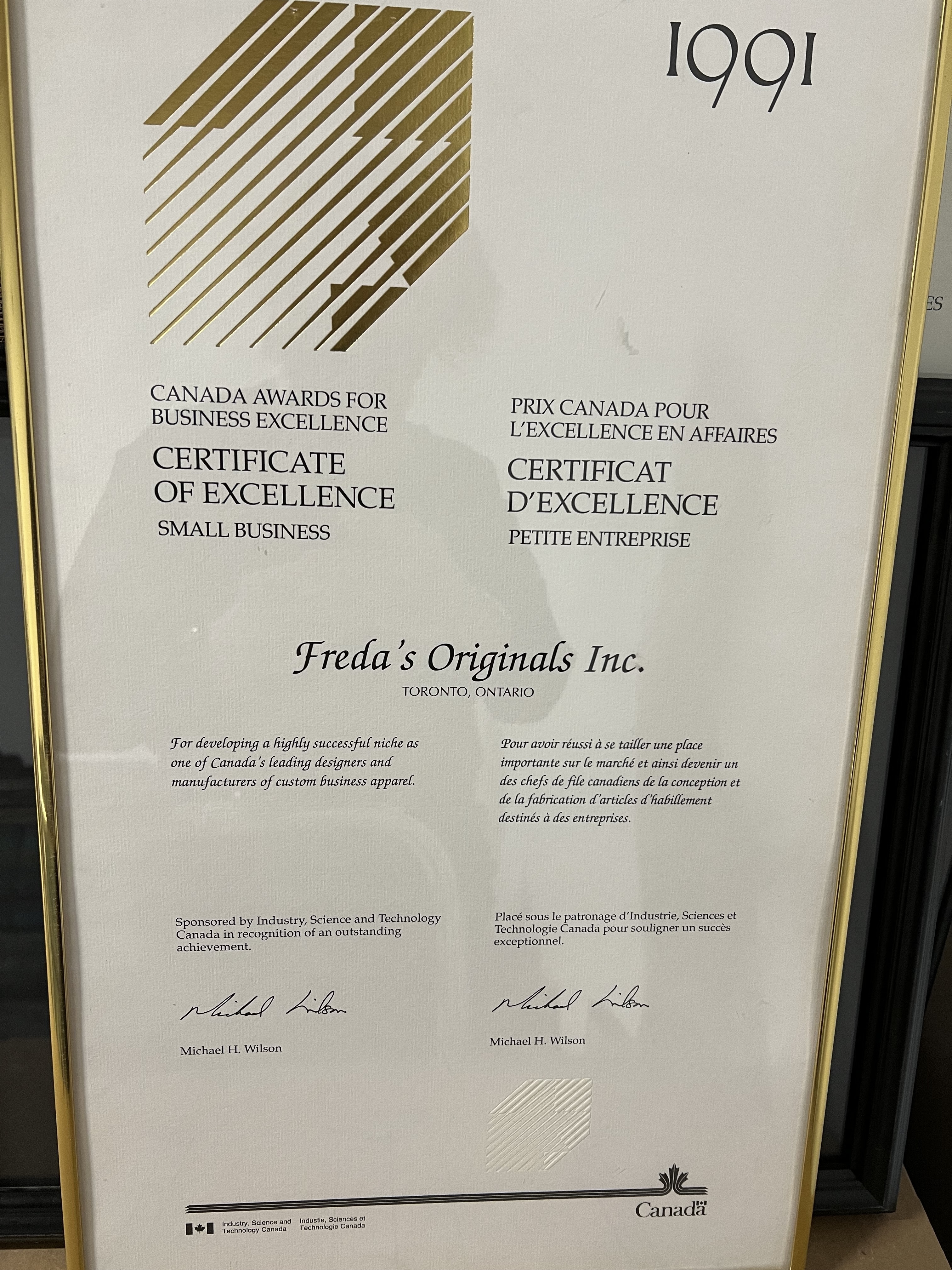 Freda's 1991 Canada Award for Business Excellence