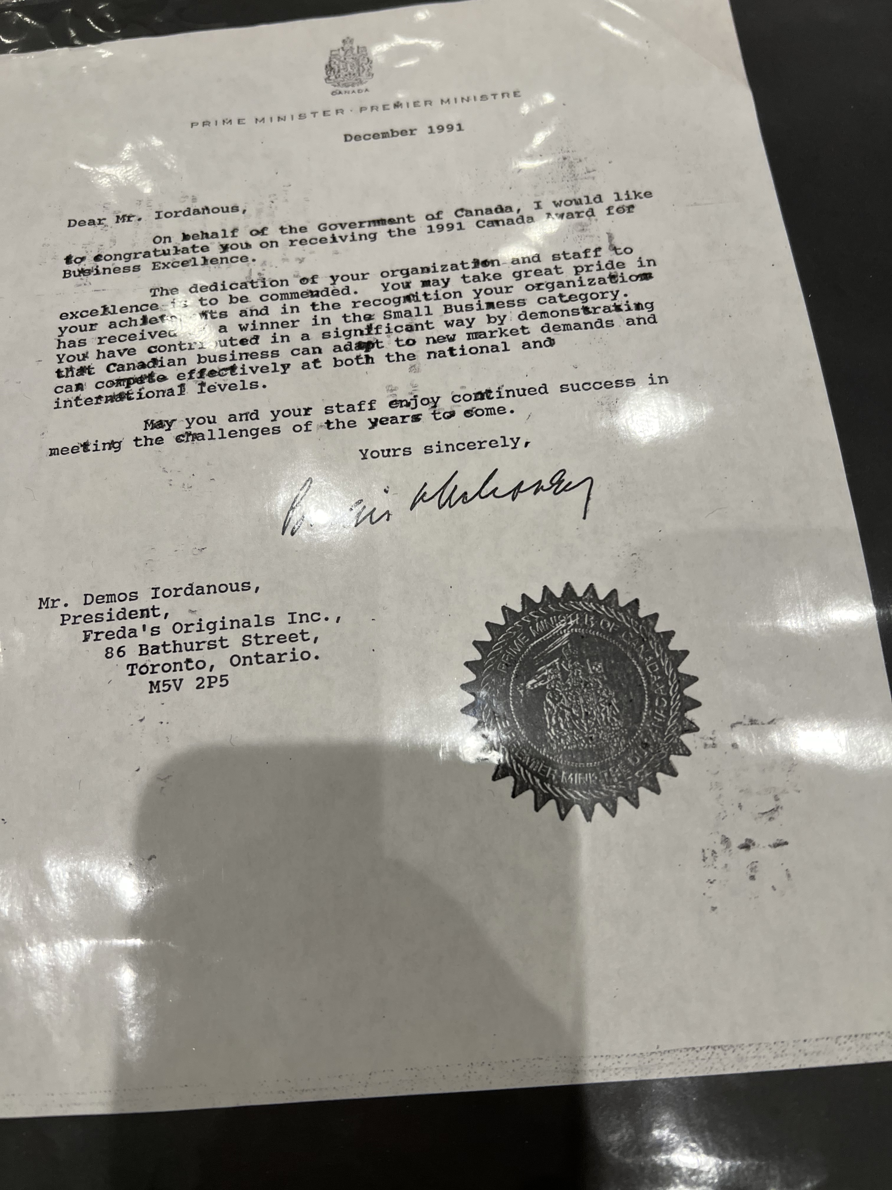 Letter from Brian Mulroney congratulating Freda's husband Demos on their award