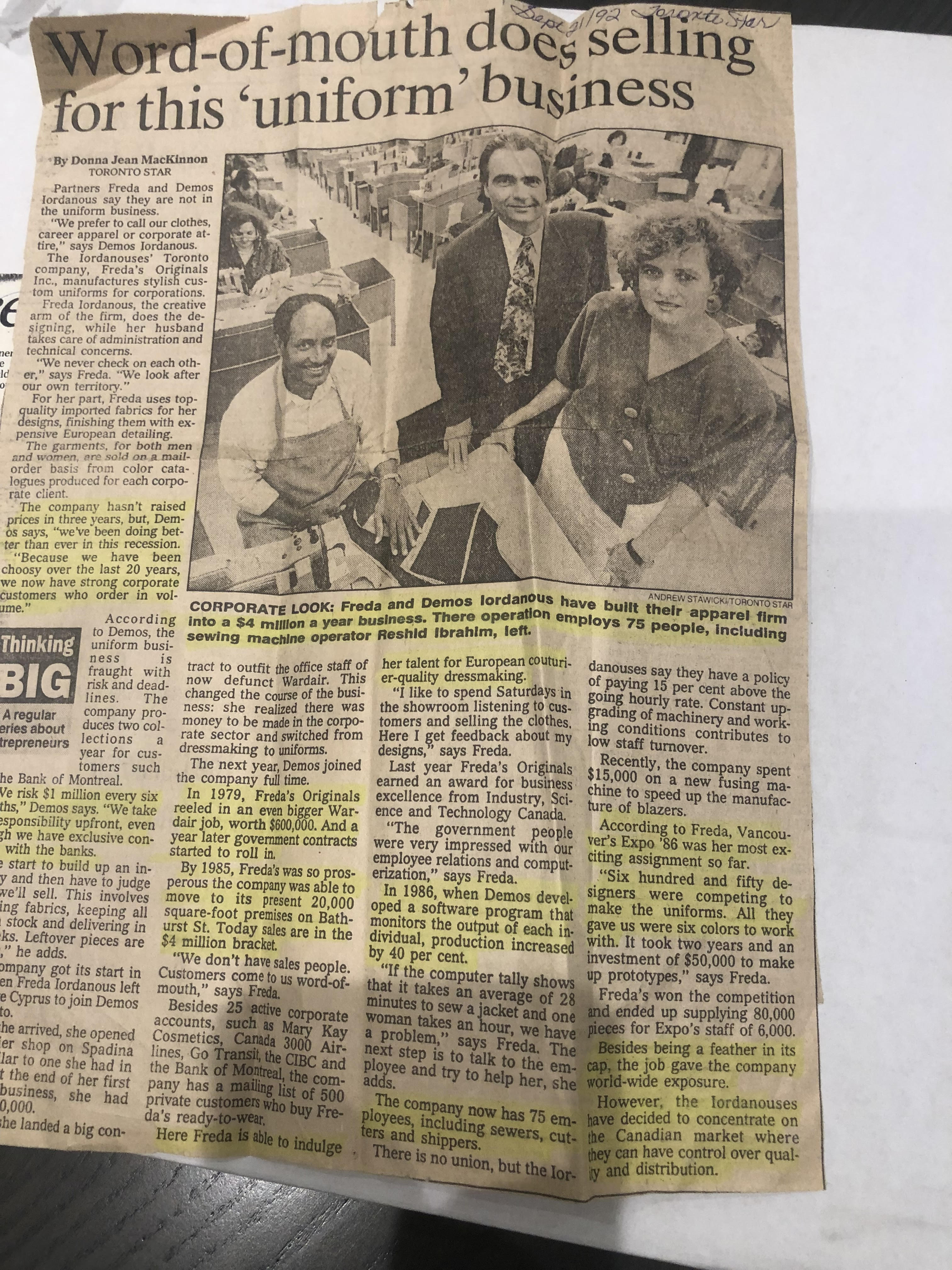An article from the Toronto Star about Freda's business, September 21, 1992