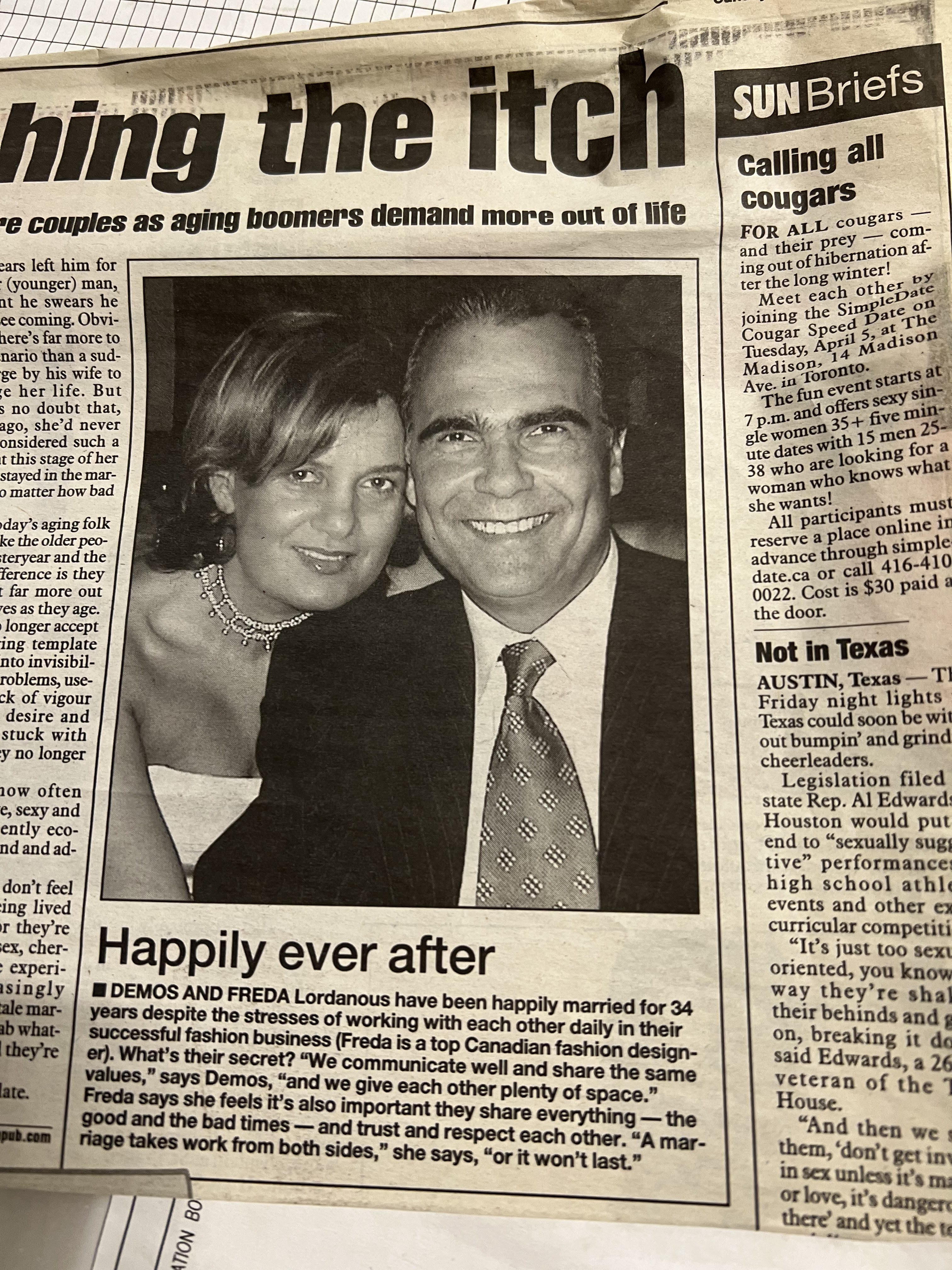 An article from the Toronto Sun about Freda and her husband Demos, 2005