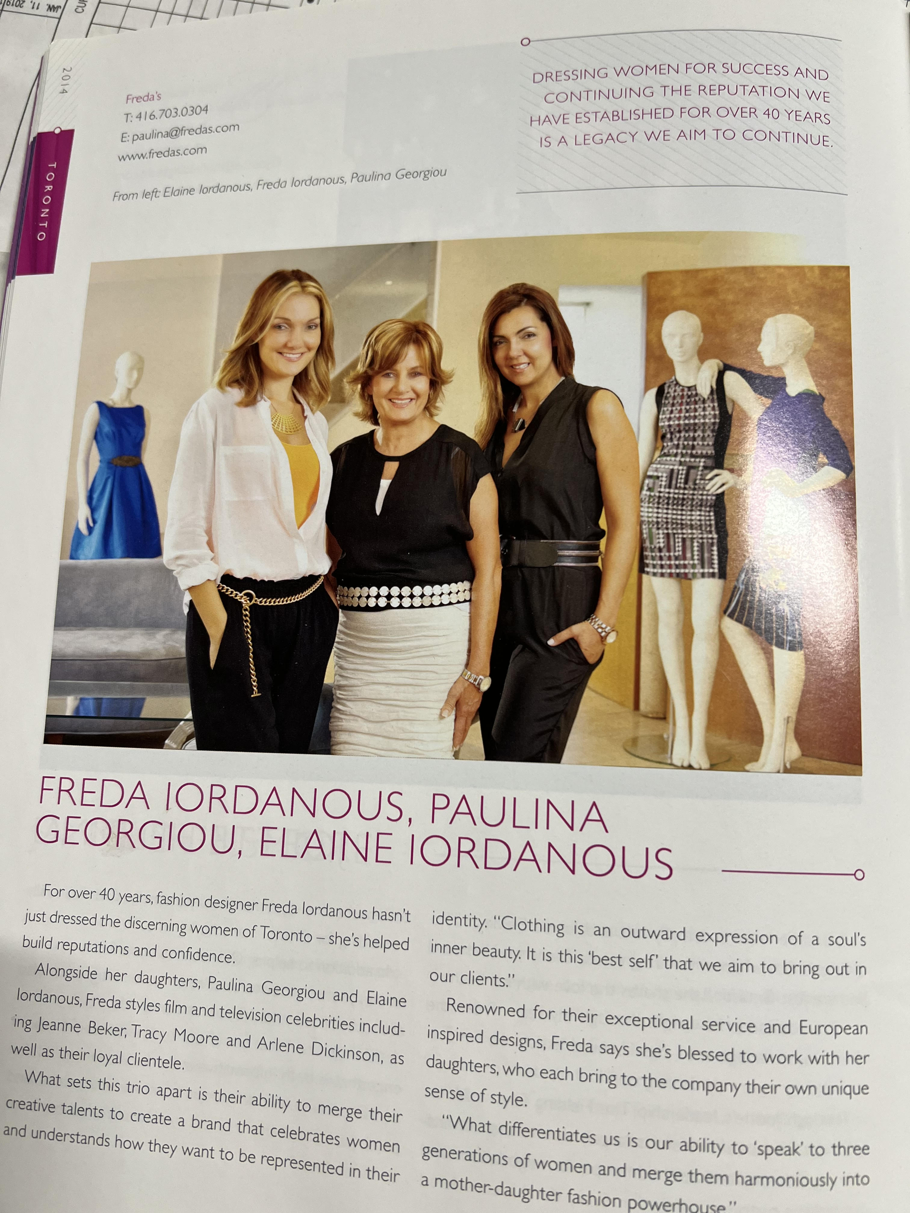 An article about Freda and the involvement of her daughters in the family business, 2014 