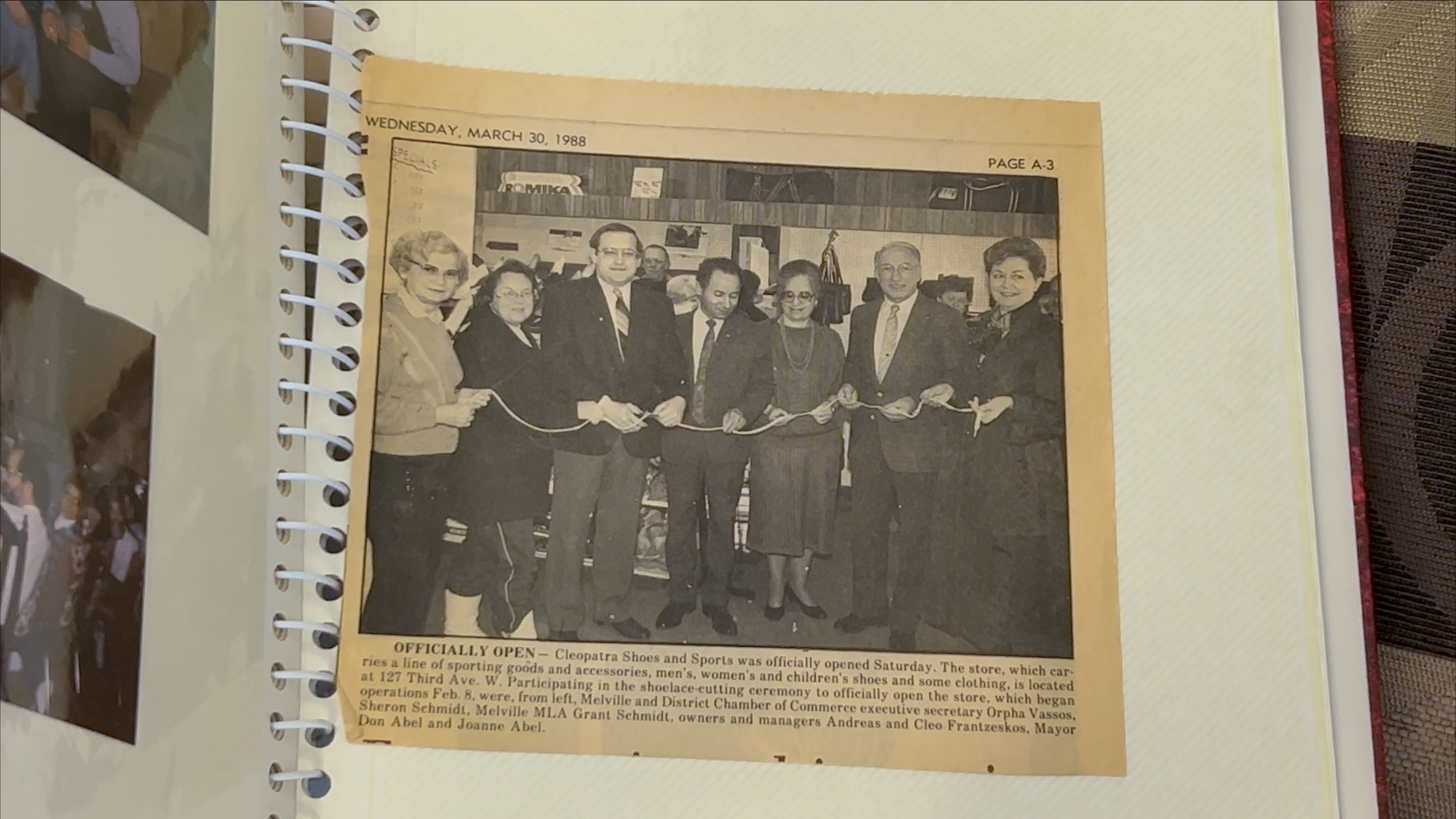 A newspaper article about the opening of Andreas and Cleo's sporting goods store, March 30, 1988