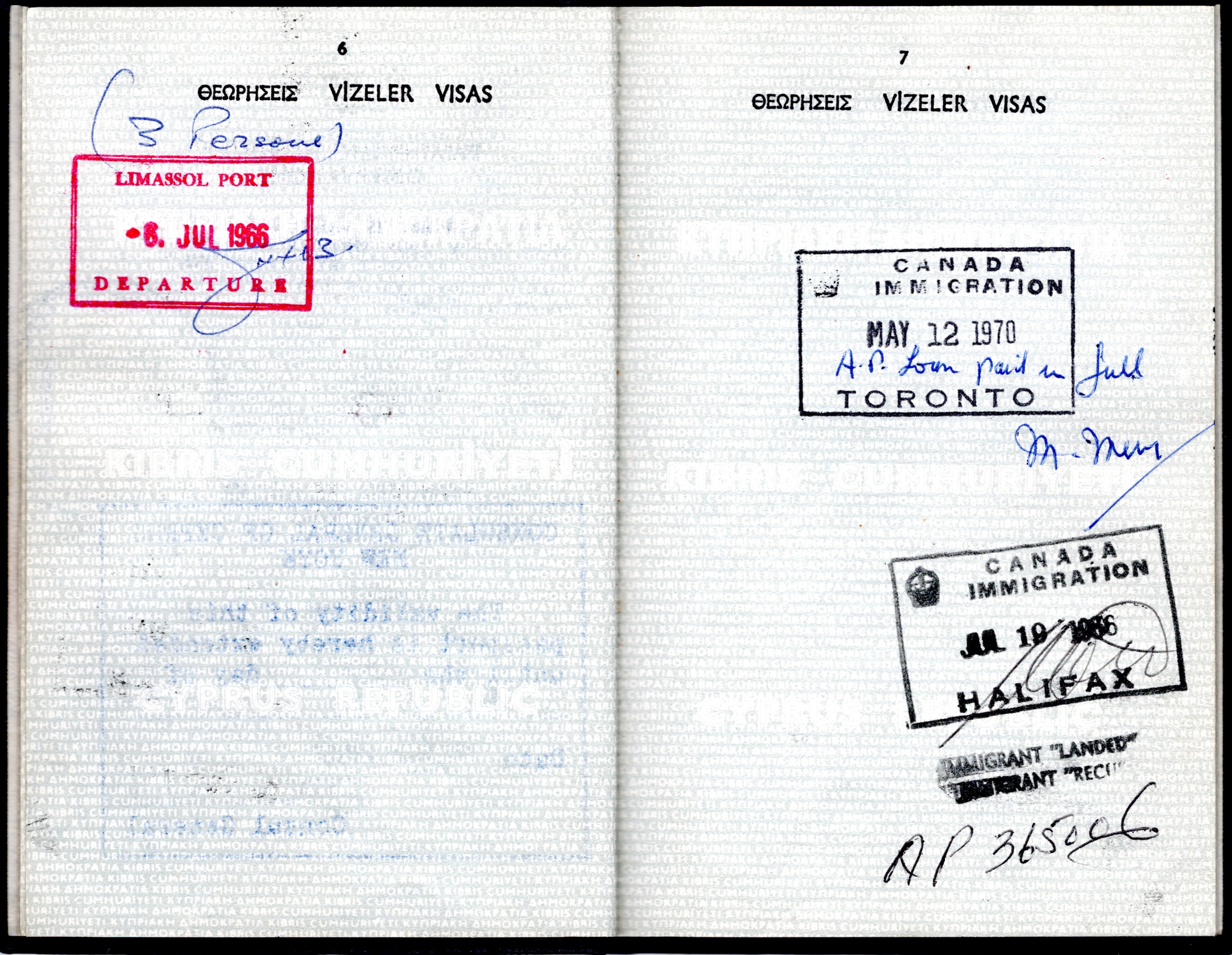 Her mother's passport, including the day they arrived in Canada