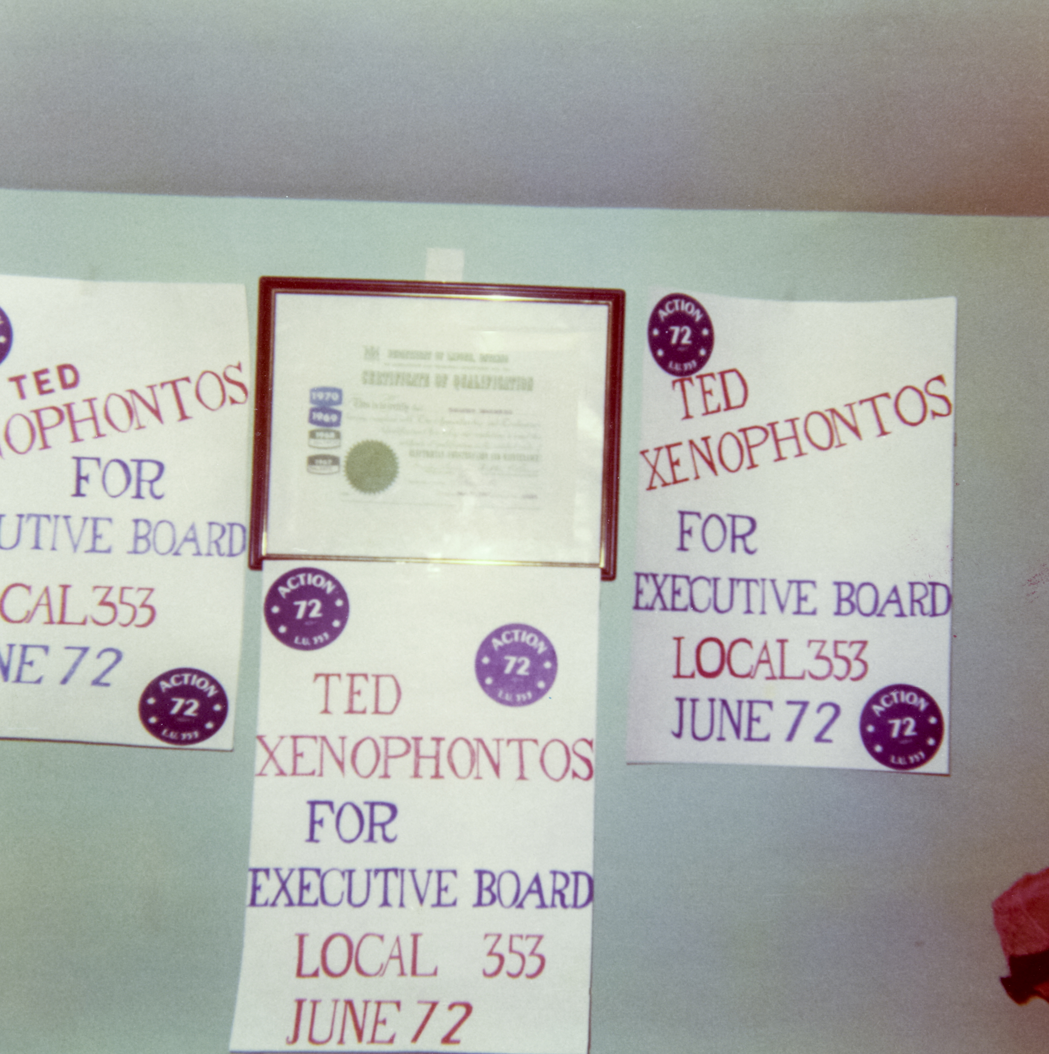 Posters from when Theodoros ran to be a union rep for IBEW Local 353, June 1972