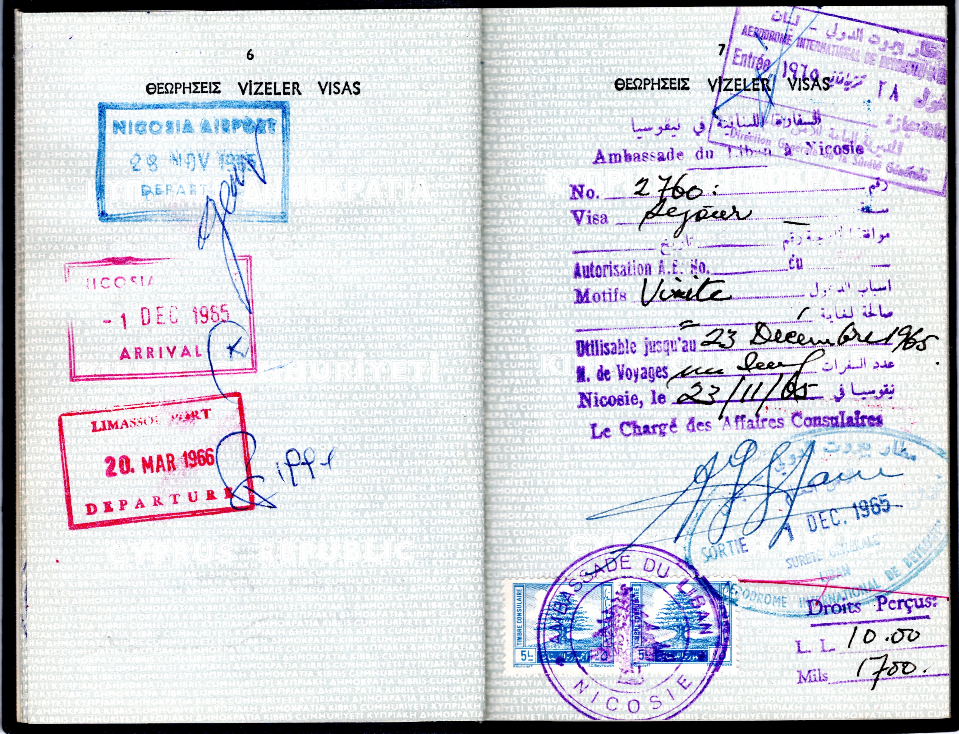 Theodoros' passport, including the day he left Cyprus