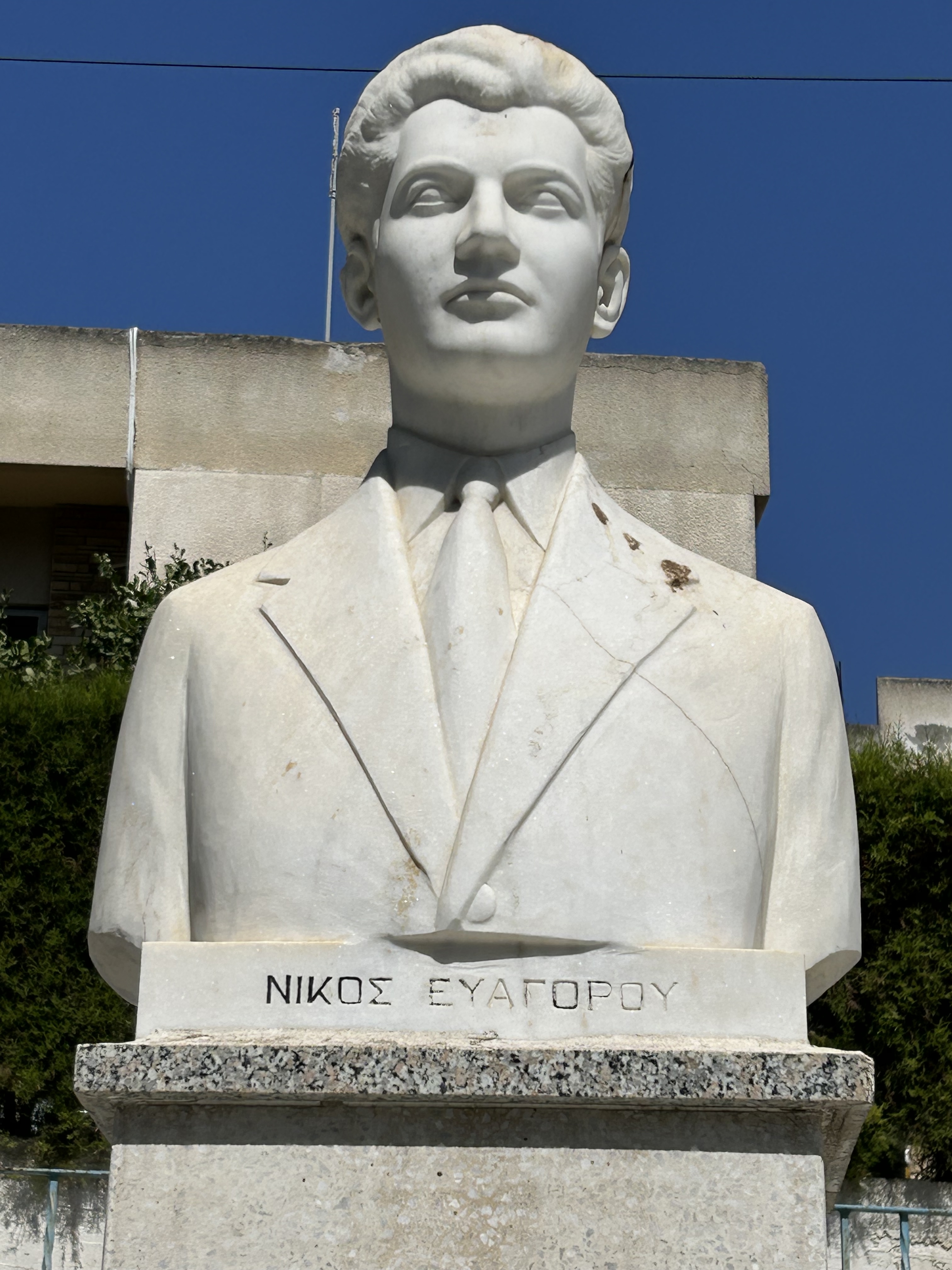 Close-up of Nikos Evagorou's bust, located in his village of Palodeia, September 21, 2023