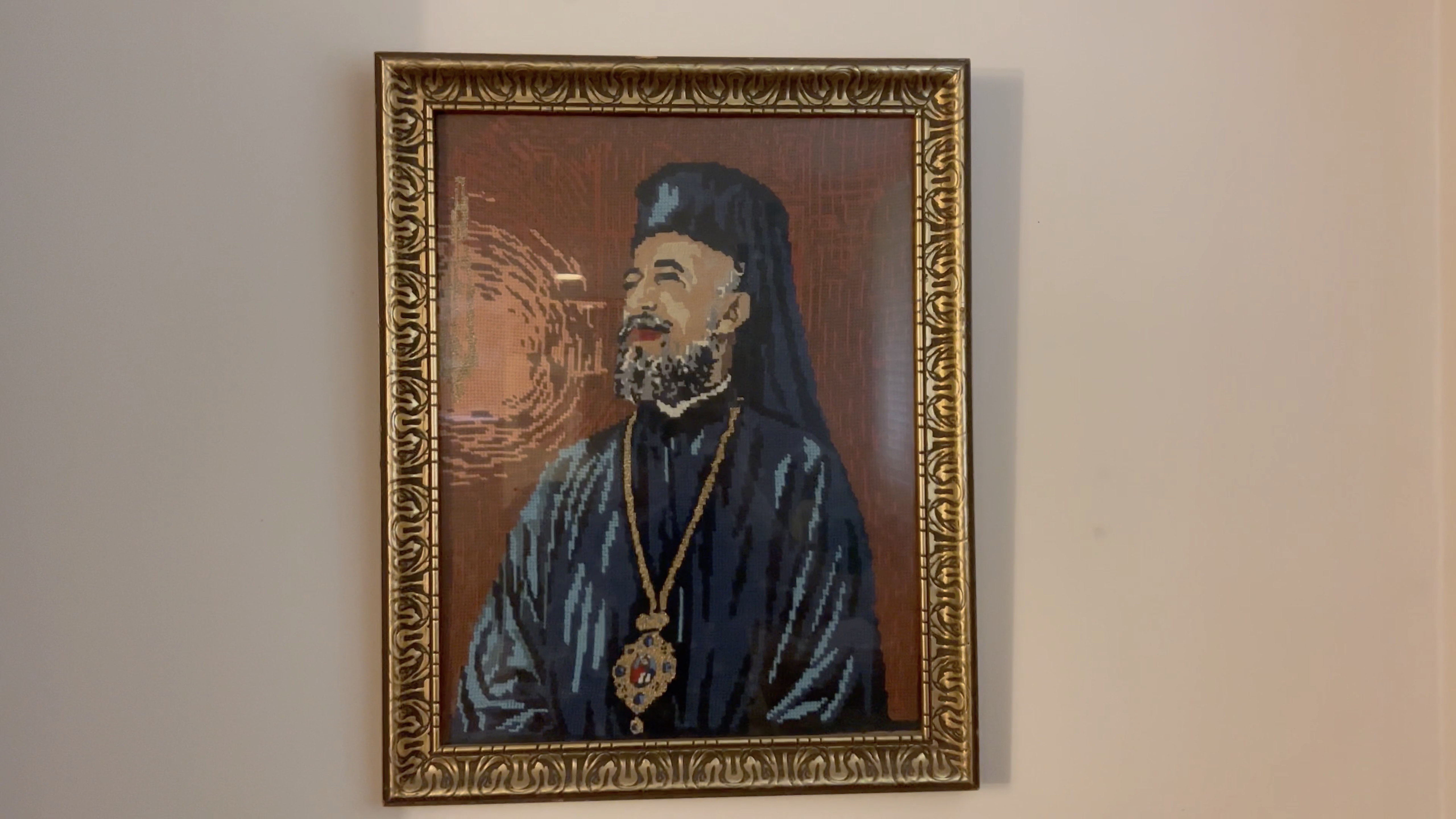 Embroidered portrait of Makarios III, the first President of Cyprus, in the home of Androula 