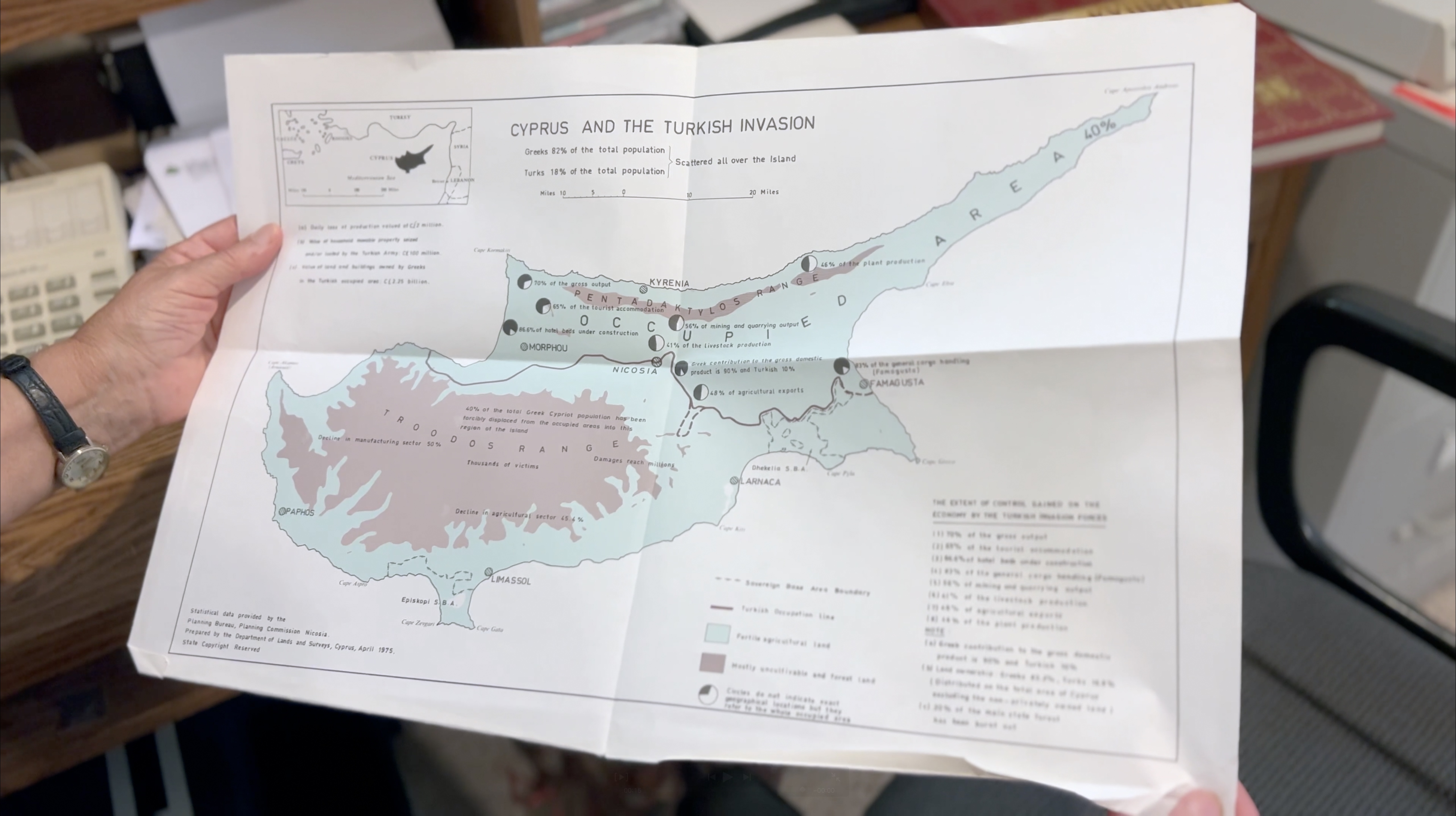 Androula showing the interviewer a map of the Turkish invasion's impact on Cyprus
