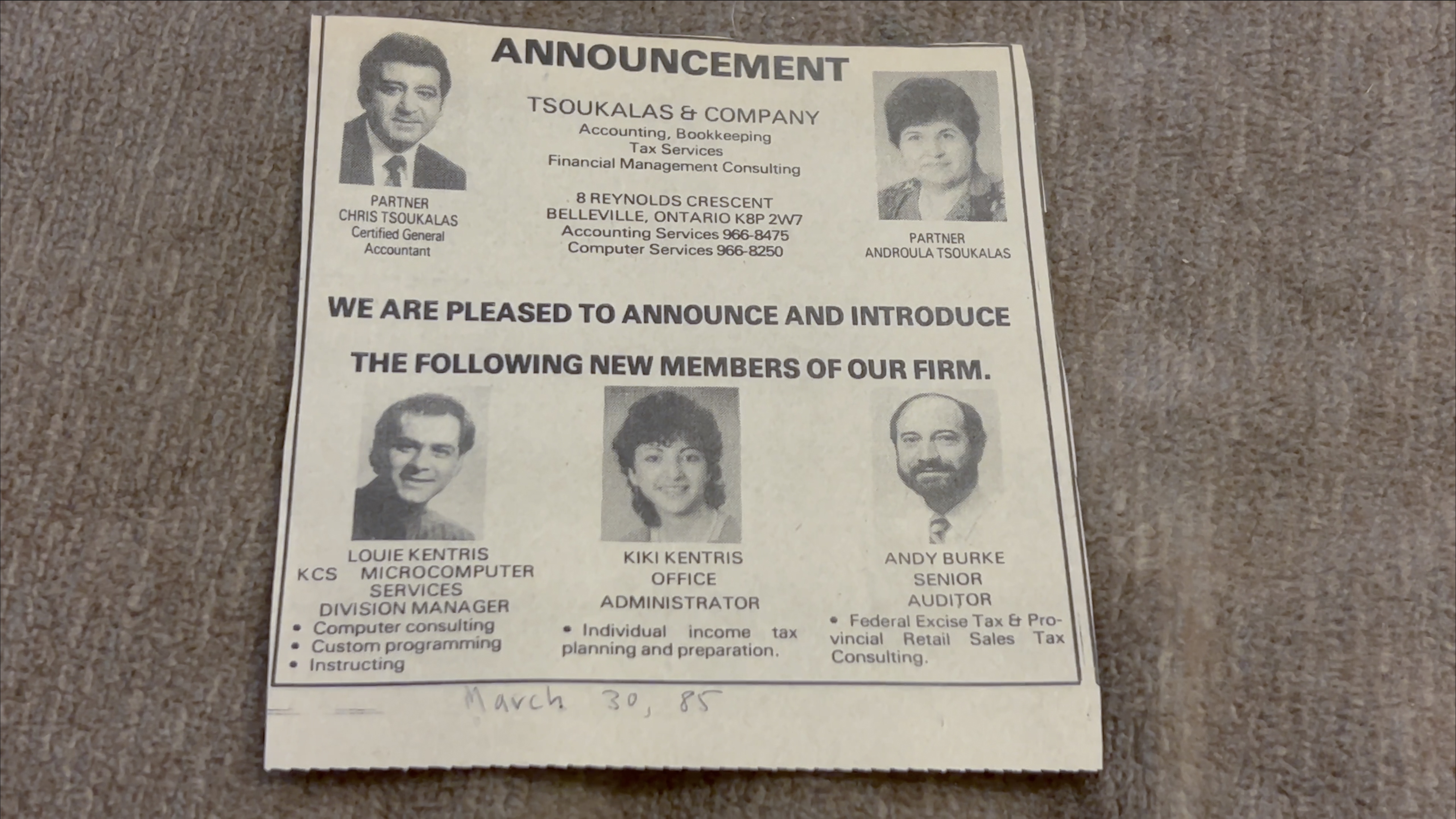 Newspaper announcement about the opening of Tsoukalas & Company, March 30, 1985