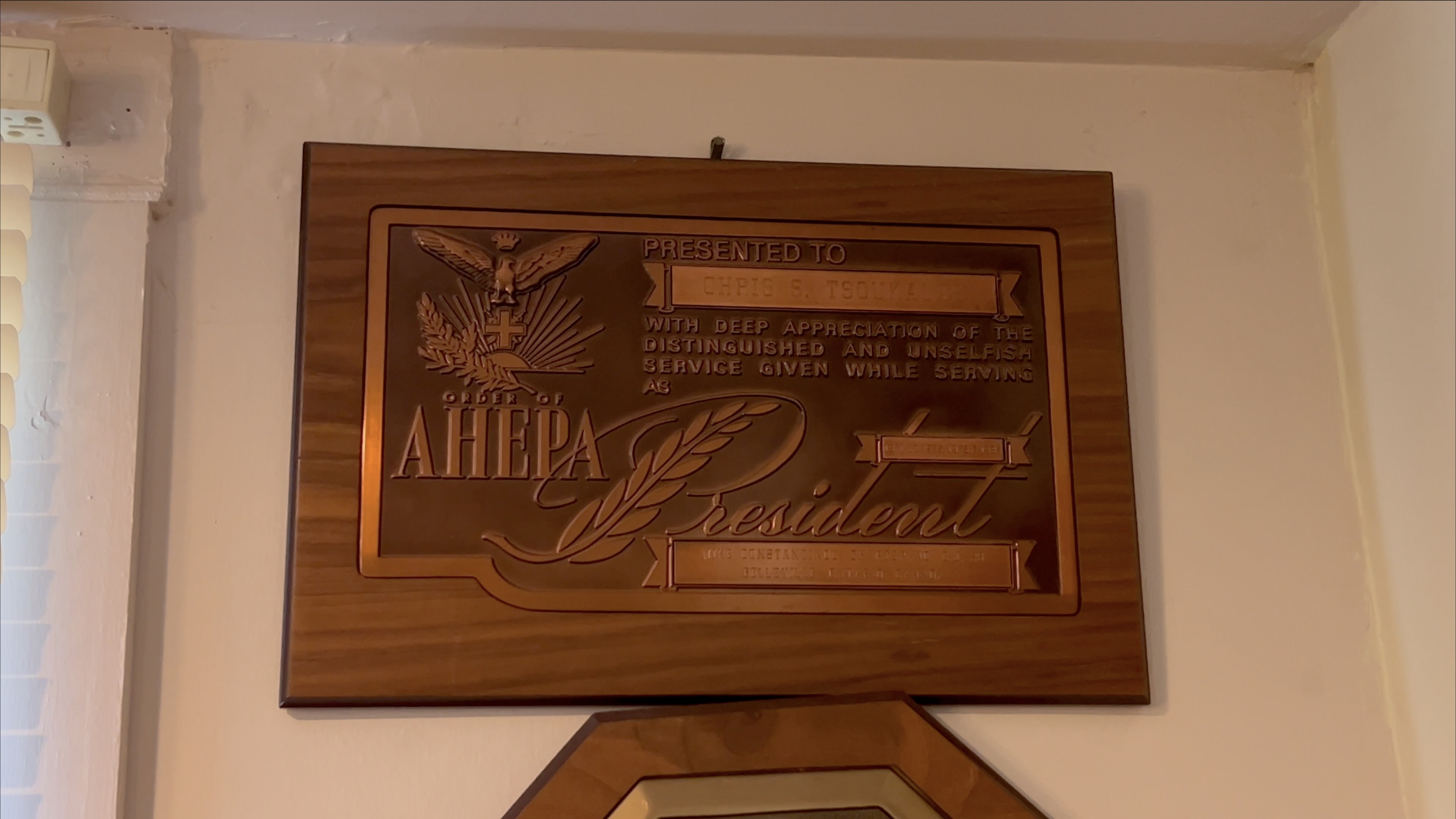 Order of AHEPA plaque presented to Chris Tsoukalas 