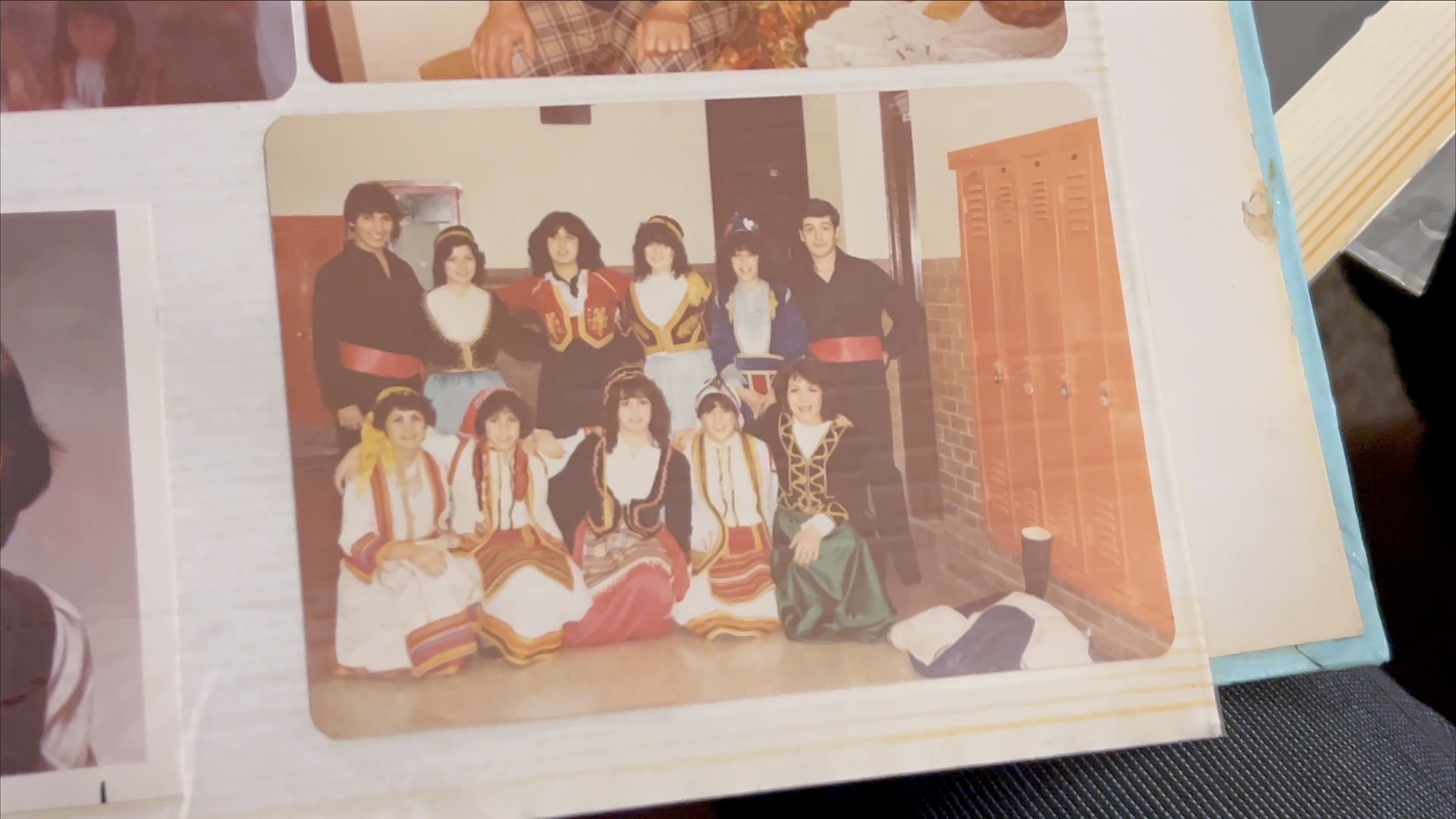 Androula's sister, Martha (bottom left in the yellow headdress) with fellow Cypriots and Greeks, late 1970s or early 1980s. Martha taught Greek dance in Belleville 