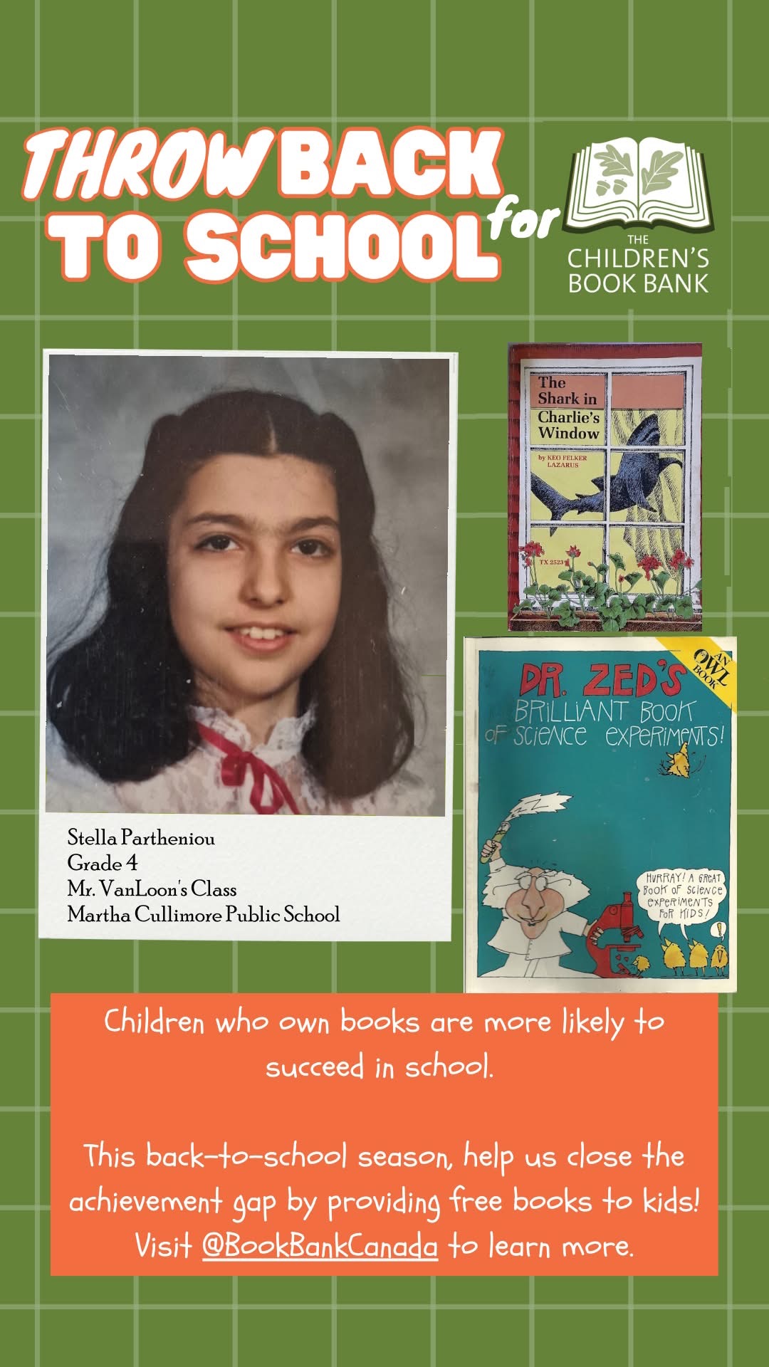 Stella's fourth grade photo (1983/1984 school year). Part of a promotion for the Children's Book Bank