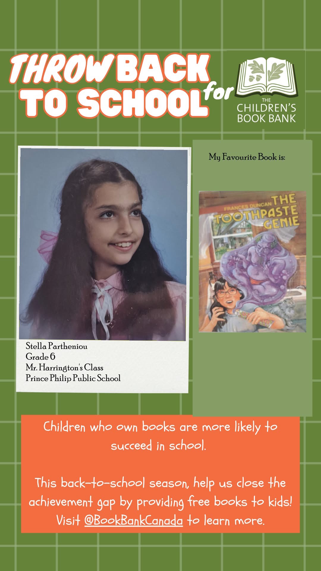 Stella's sixth grade photo (1985/1986 school year). Part of a promotion for the Children's Book Bank 