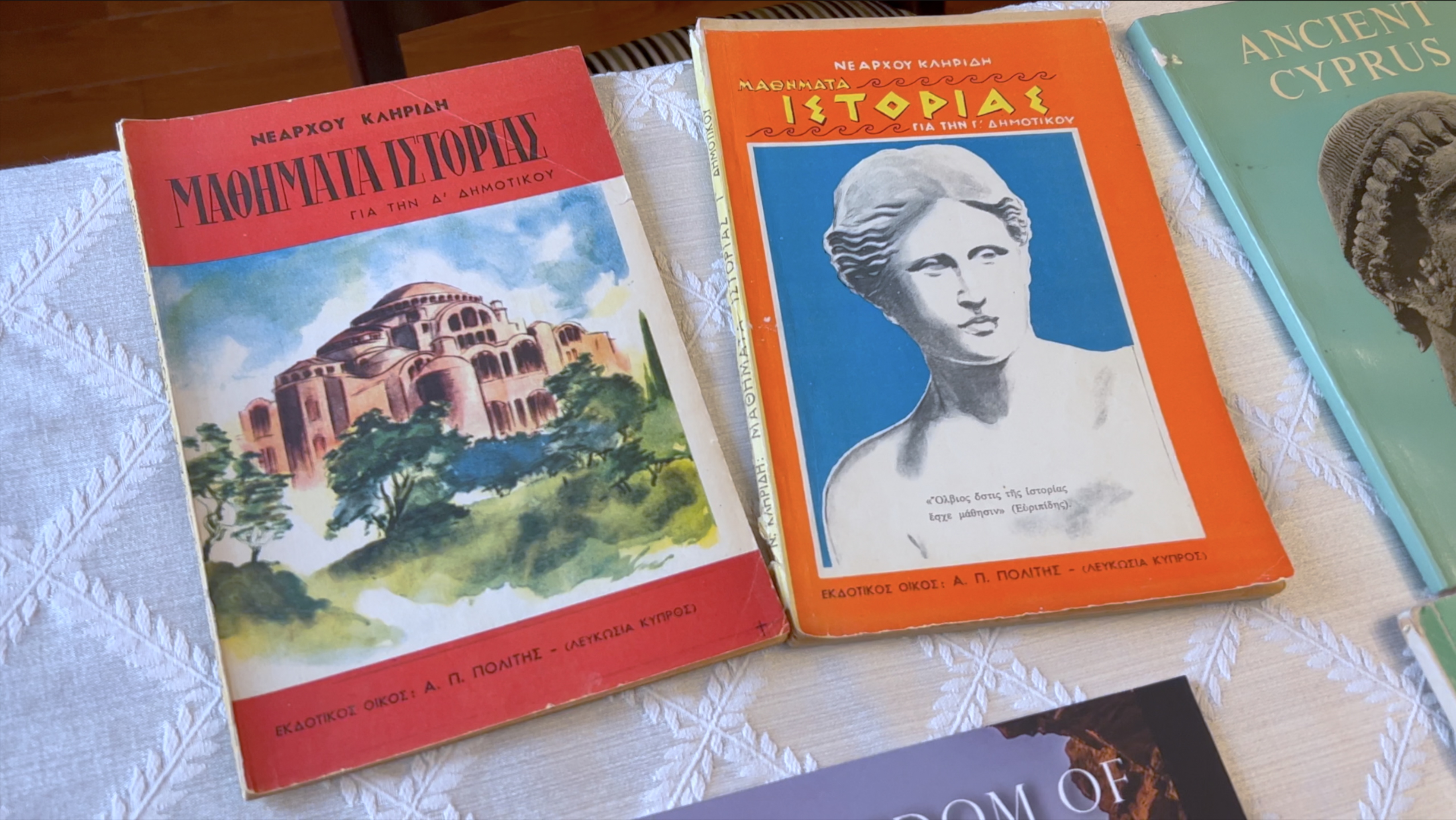 A sample of Stella's Cypriot book and magazine collection, shown to the interviewer after the completion of the interview
