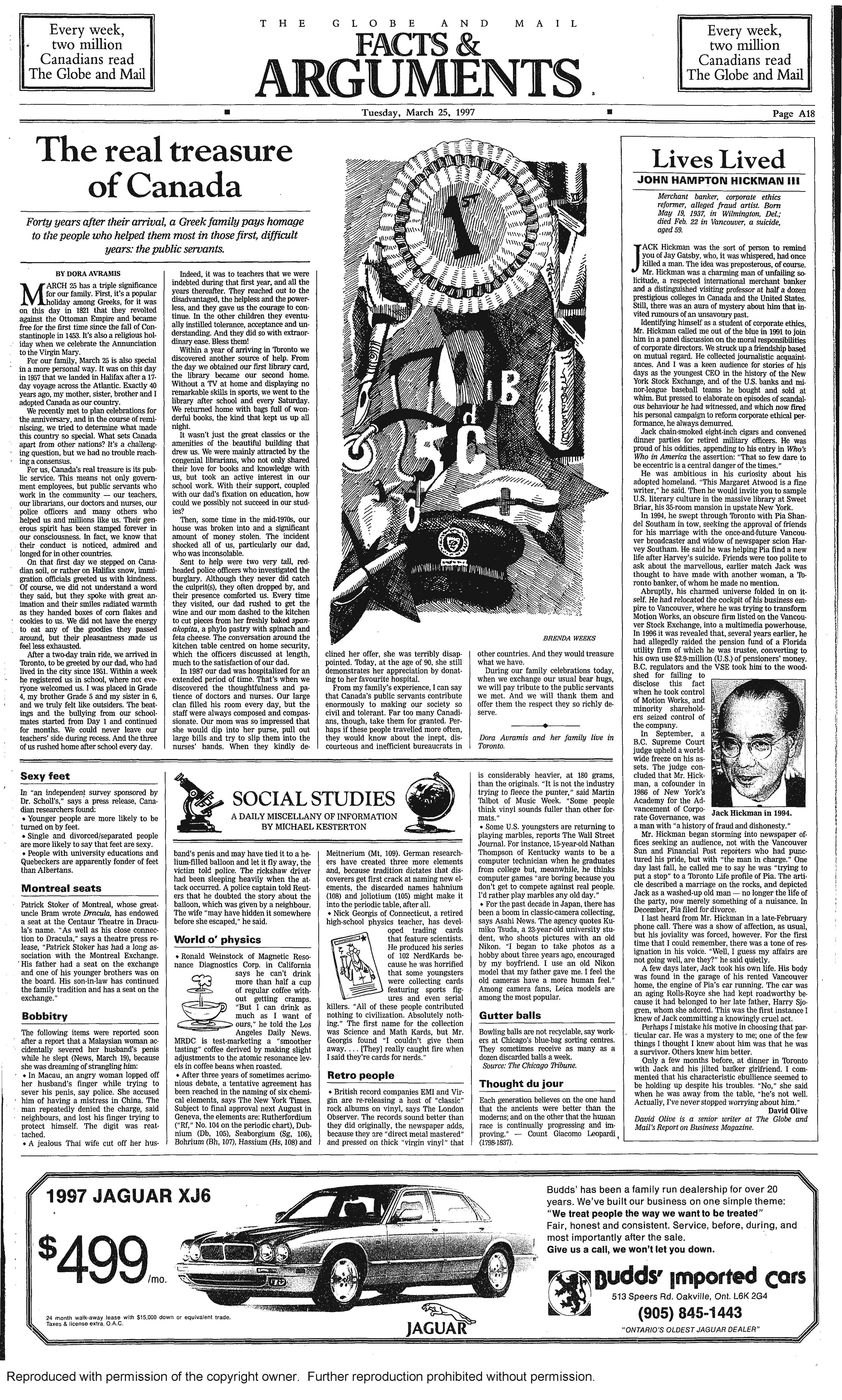 Her article in the Globe and Mail, 25 March 1997