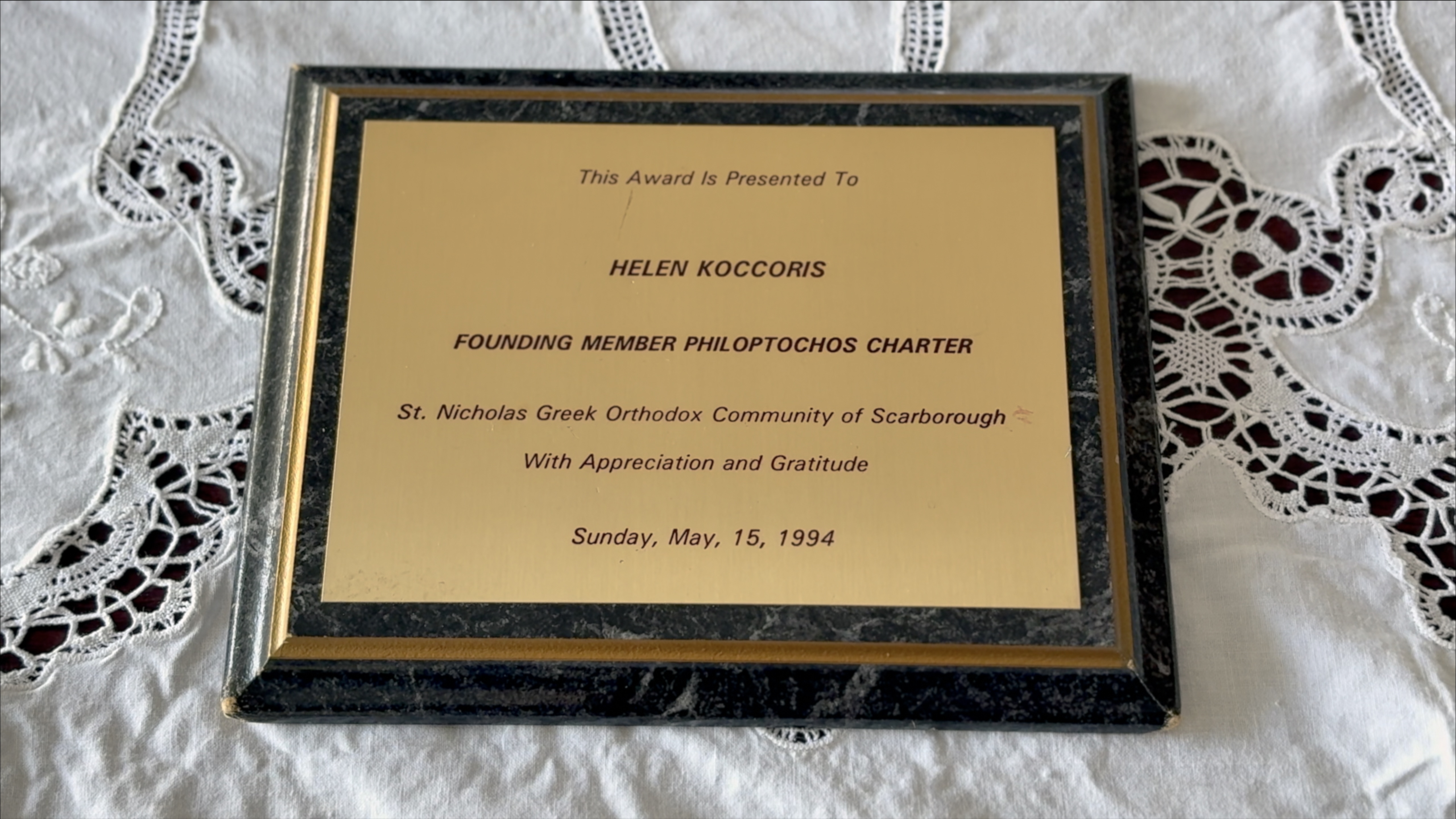 Plaque presented to Helen in May 1994