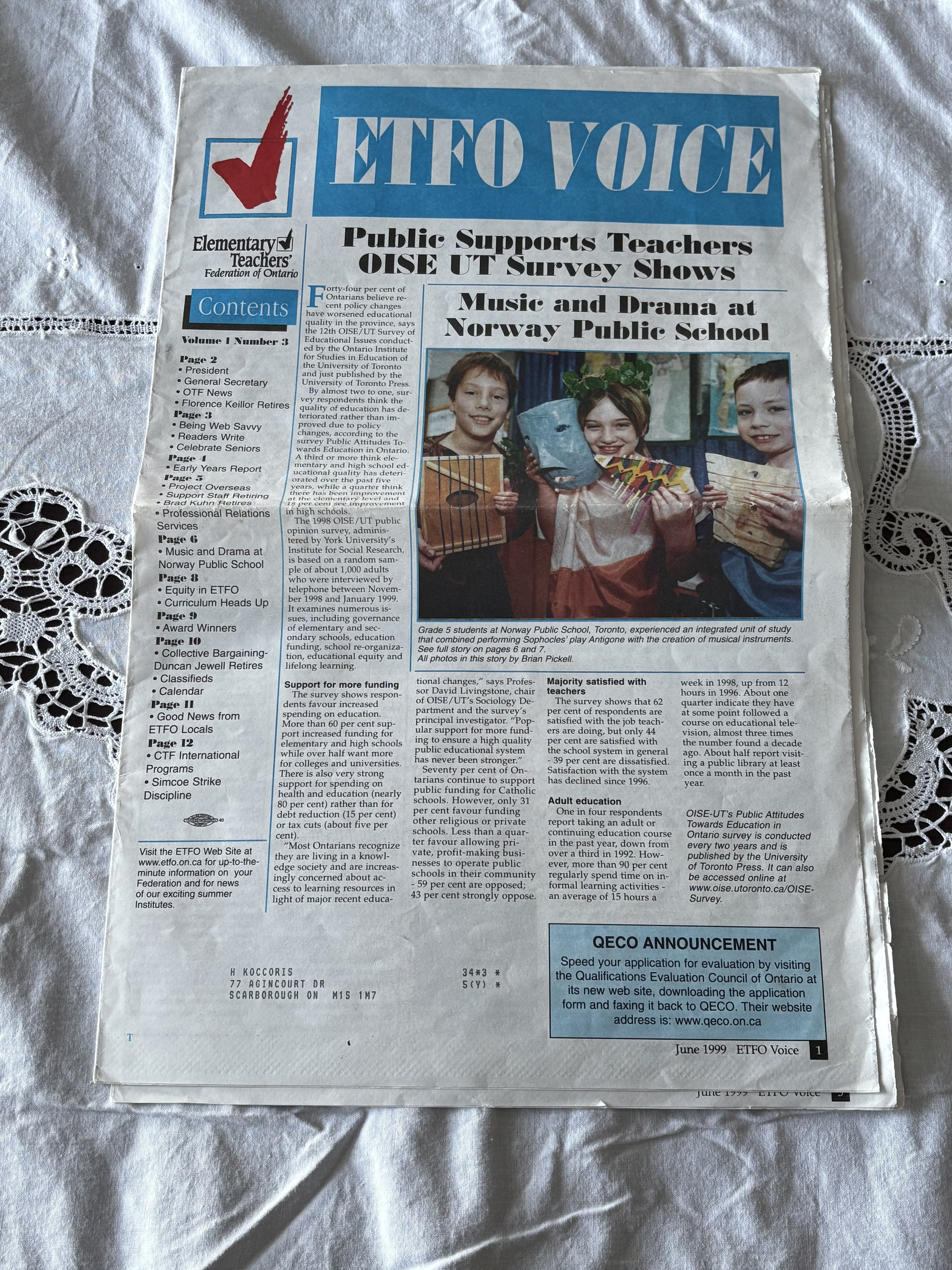 Newspaper cover about Helen's student's version of Antigone, June 1999
