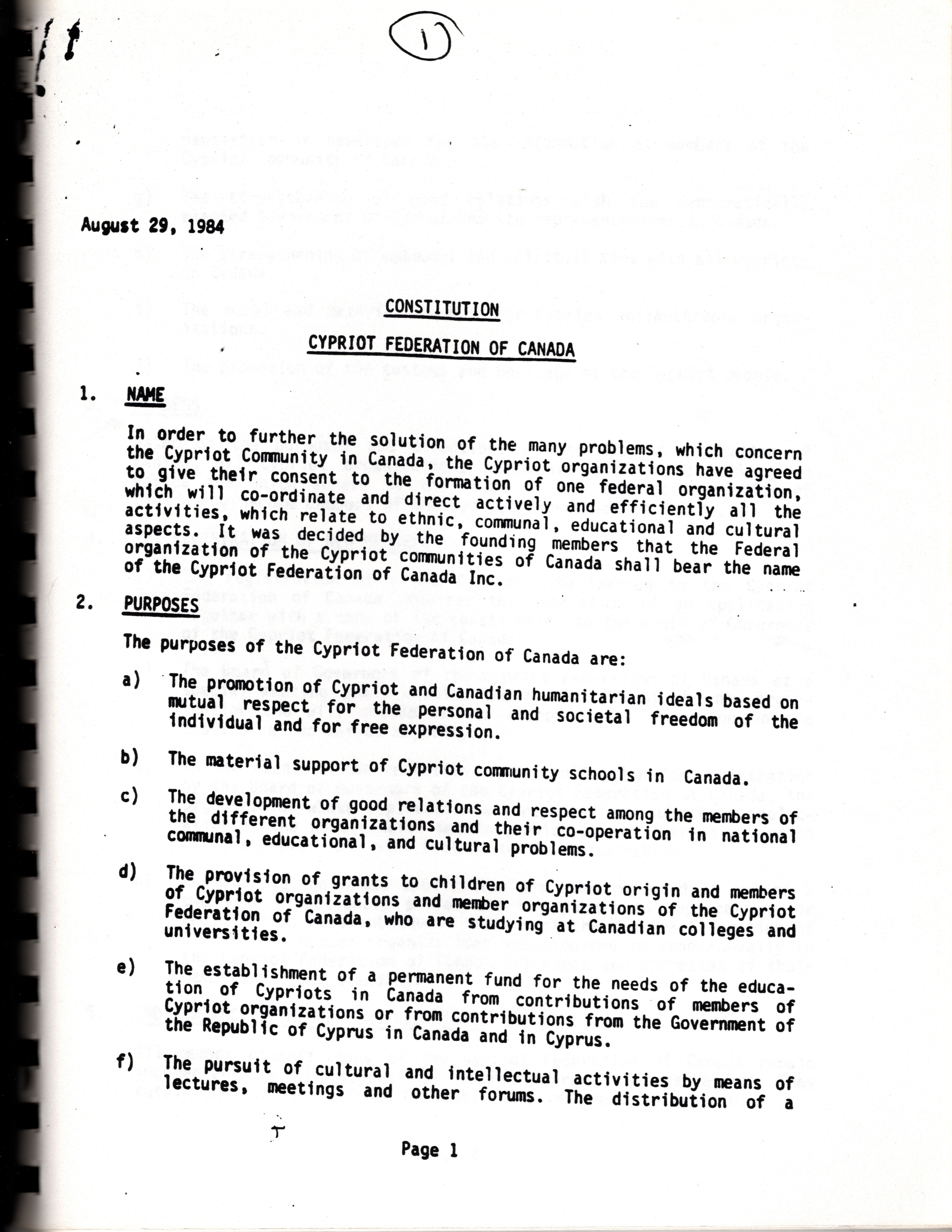 Constitution for the Cypriot Federation of Canada (1984)