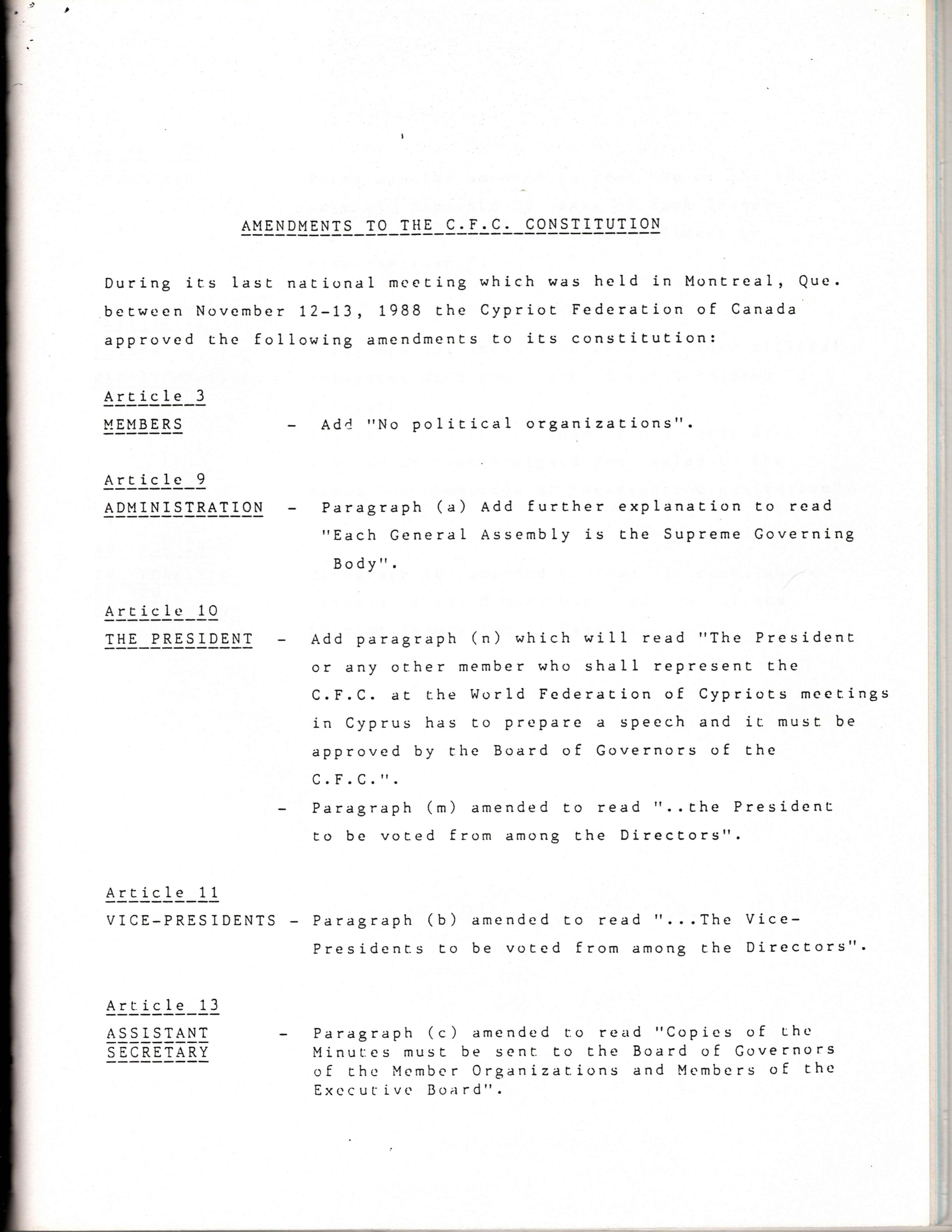 Sample of the amendments made in 1988 to the Constitution for the Cypriot Federation of Canada