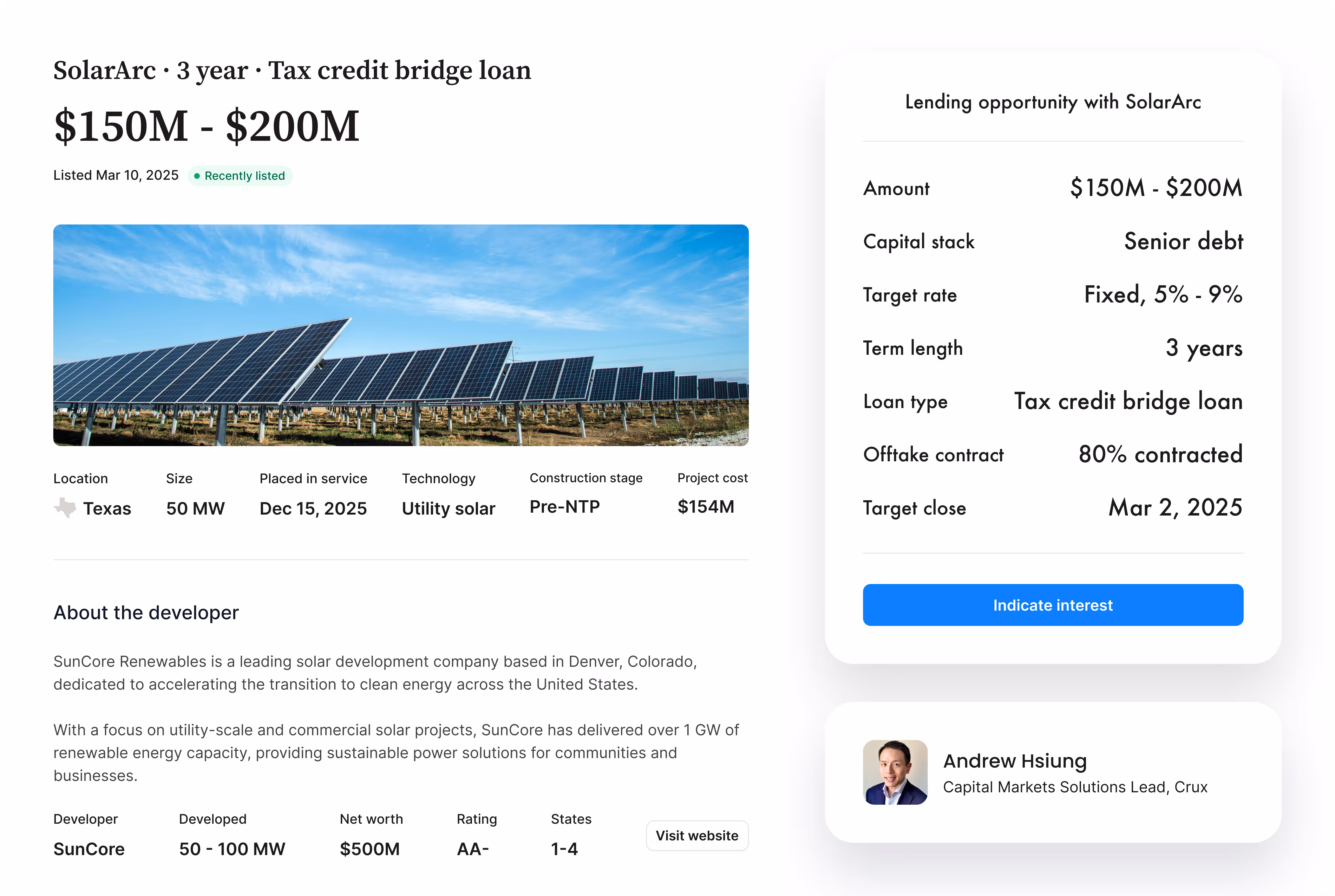 Image of a listing for a tax credit bridge loan on the Crux platform