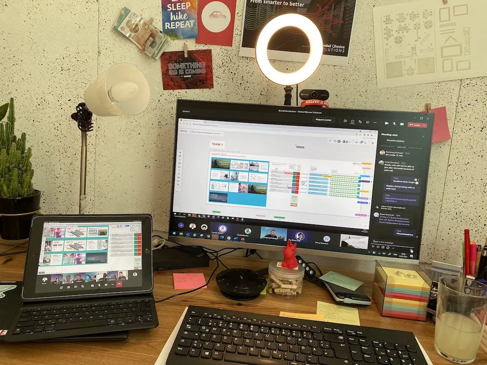Desk with laptop, notes and light