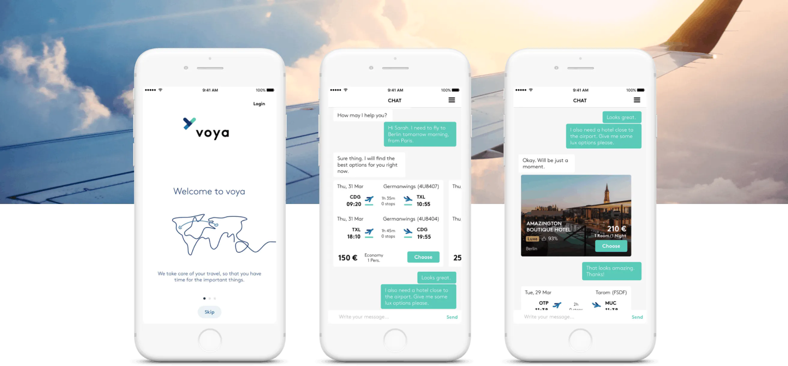 Three screens of Voya Mobile App UI