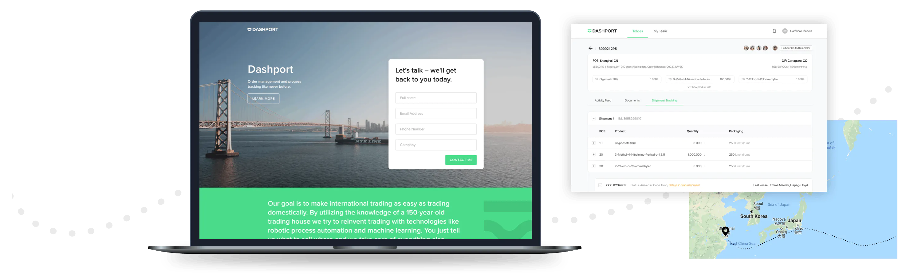 Image of laptop and UI screenshots of Dashport app