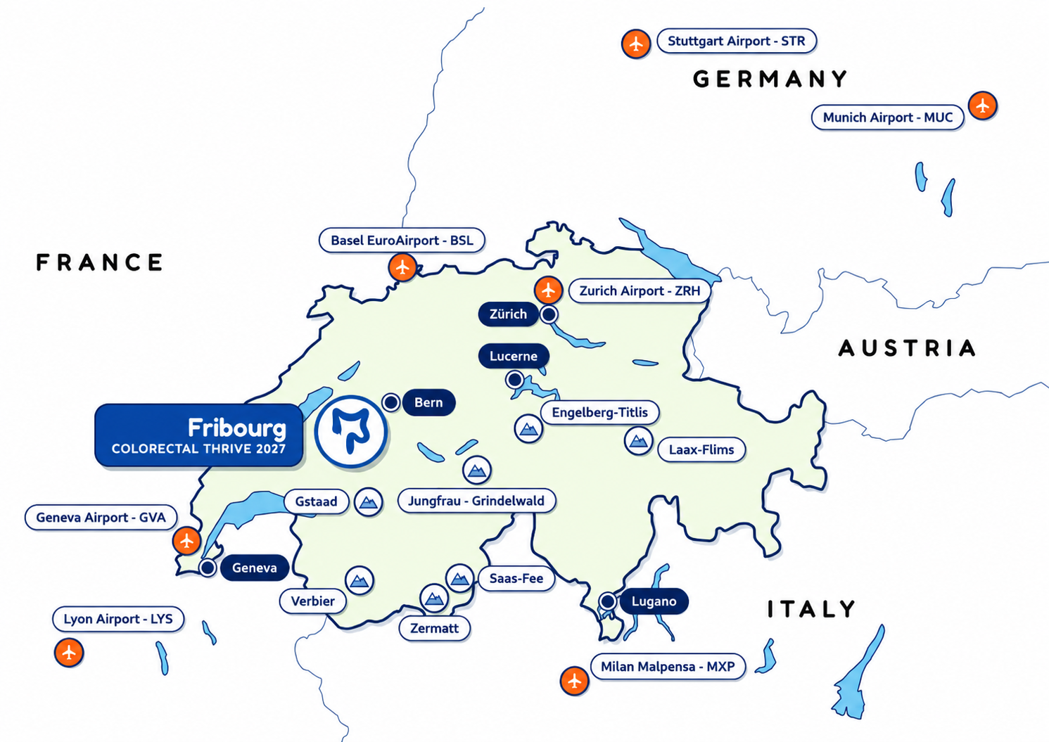 Map of Switzerland showing Fribourg, the airports of Zurich, Geneva, Basel, Milan, Lyon, Stuttgart and Munich. 