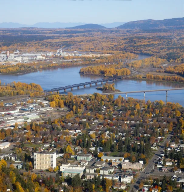 Aerial view of a river showing two bridges.