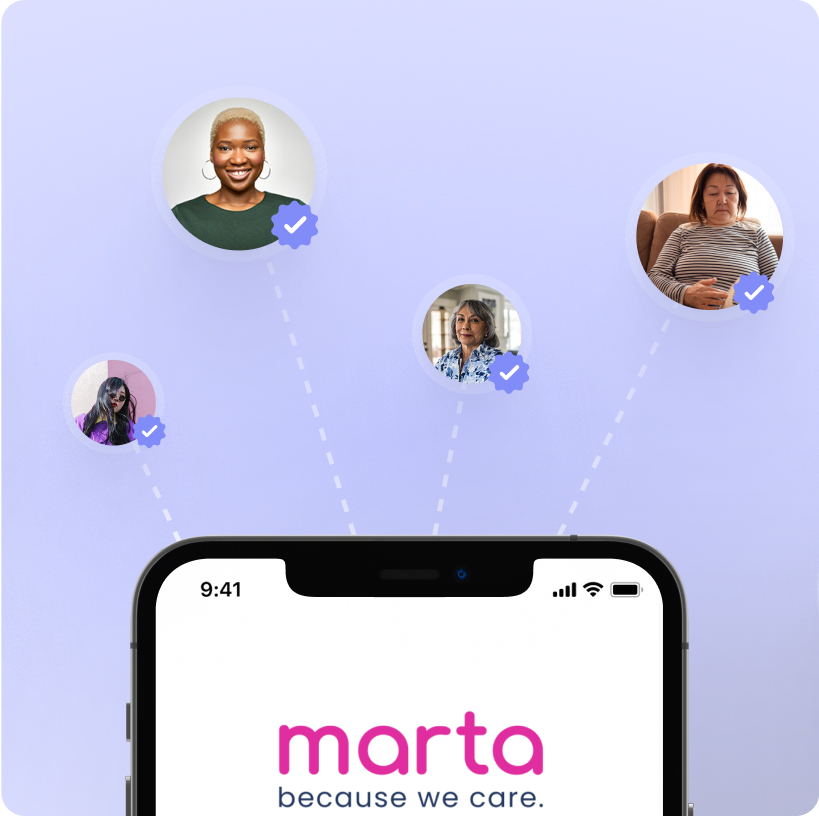 A graphic of verified caregivers connected to the marta mobile app