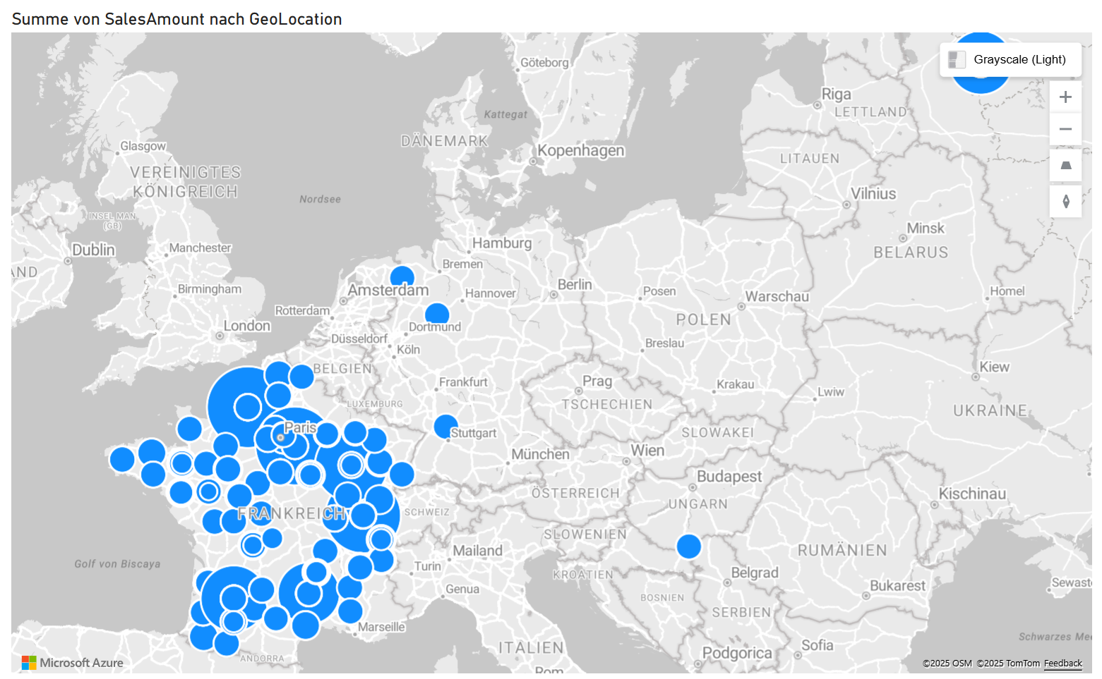 Azure Maps visualization in Power BI with blue data points on the map of Europe, based on the sum of SalesAmount by GeoLocation.