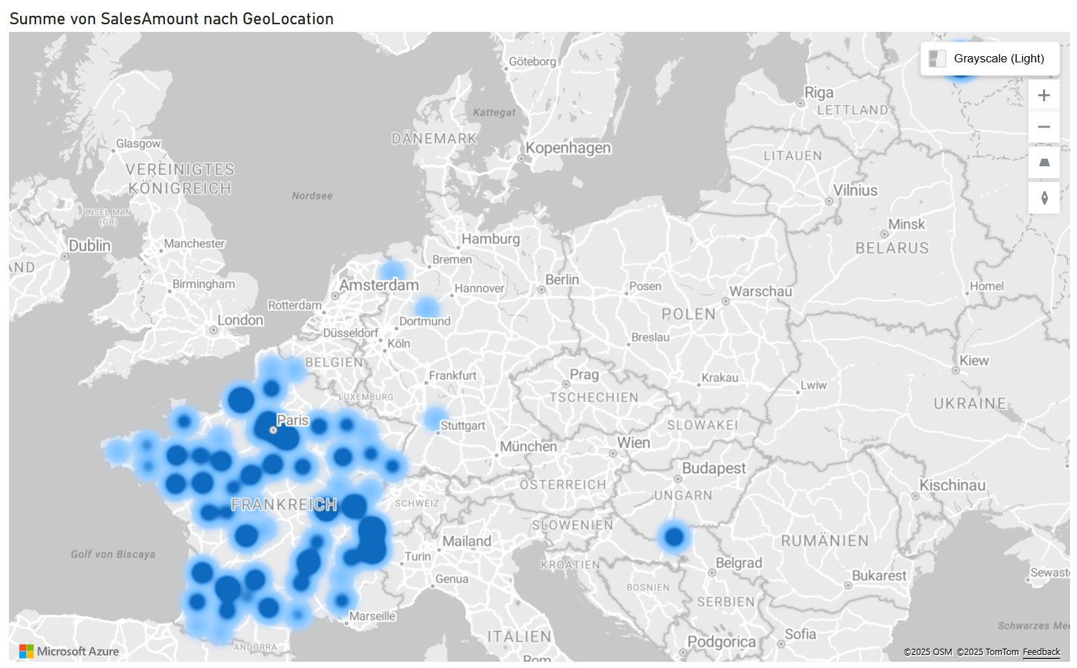 Azure Maps visualization in Power BI with thermal image representation of sales locations in Europe. The blue dots show the sum of SalesAmount by GeoLocation, with a high density in France and individual points in other European countries.
