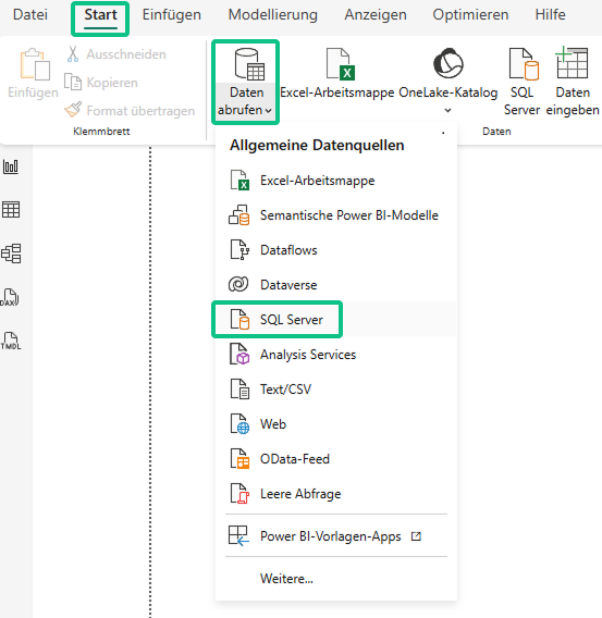 Power BI Desktop: "Start" ribbon with "Retrieve data" dialog open and SQL Server data source selected.