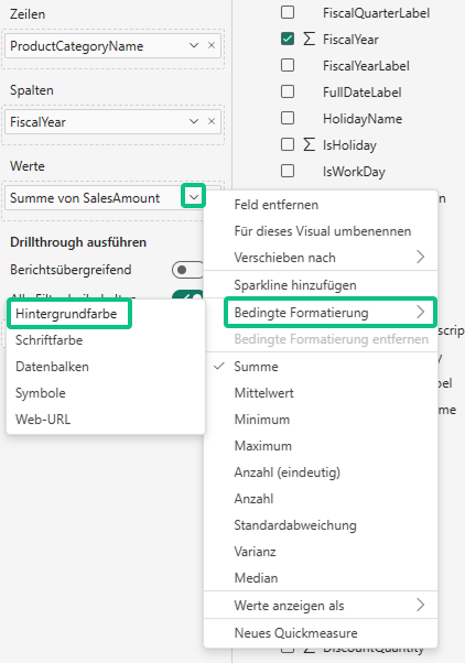 Power BI field list: Context menu for sum of SalesAmount with selected option Conditional formatting → Background color.