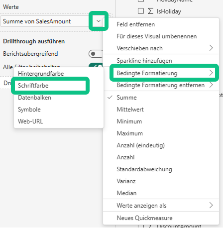 Power BI context menu for sum of SalesAmount with option Conditional formatting → Font color to adjust the text color.