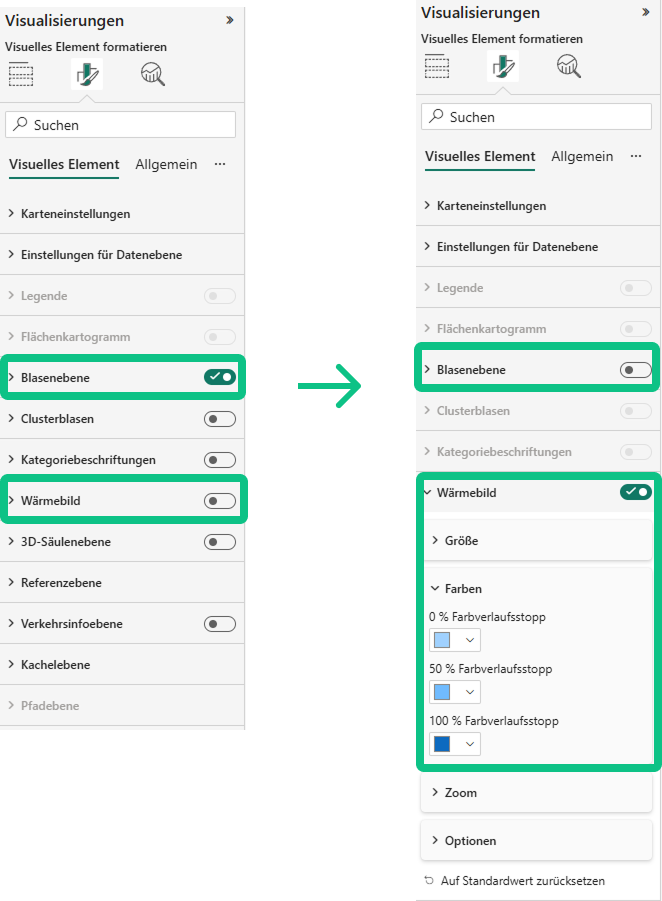 Power BI Azure Maps formatting: Deactivation of the bubble layer and activation of the heatmap layer with color gradient settings for the heatmap.