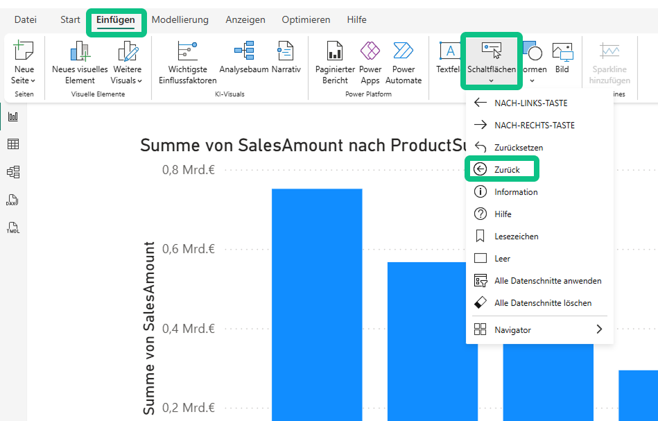 Power BI Insert ribbon with open button menu. The Back option is selected to add back navigation for report pages. A bar chart for SalesAmount by ProductSubcategoryName is visible in the background.